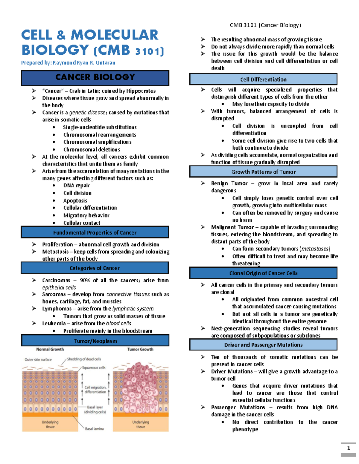 CMB 3101 Final Exam Study Notes: Key Concepts in Cancer Biology - Studocu