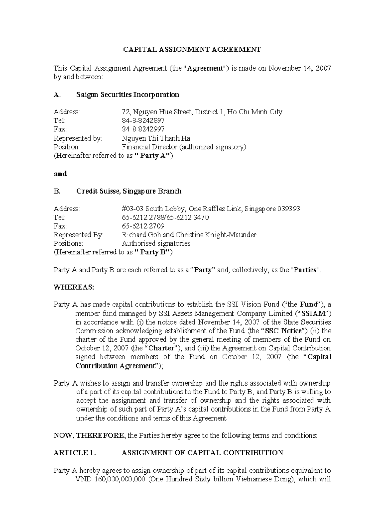 Capital Assignment Agreement: Saigon Securities & Credit Suisse - Studocu