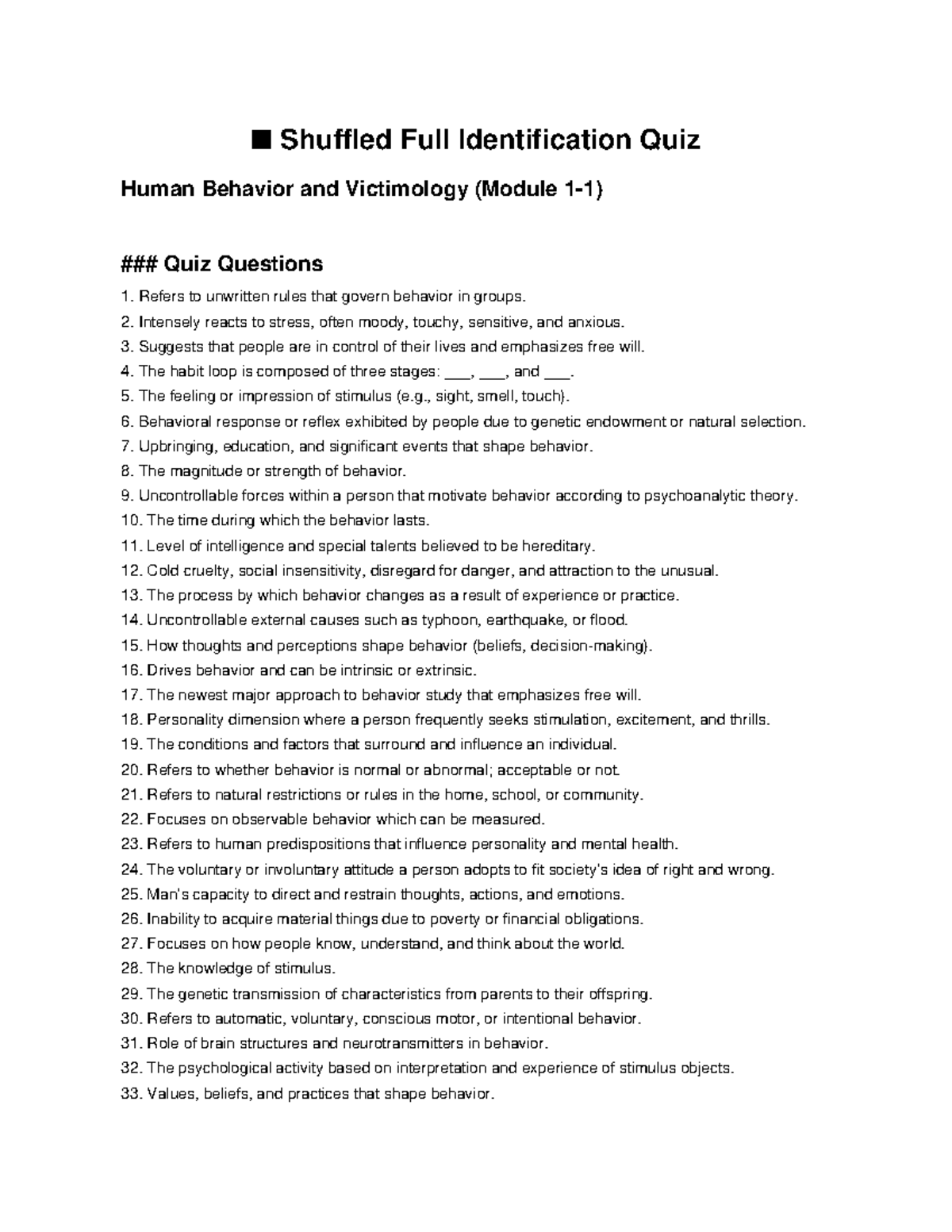 Human Behavior and Victimology Quiz (Module: Shuffled Questions) - Studocu