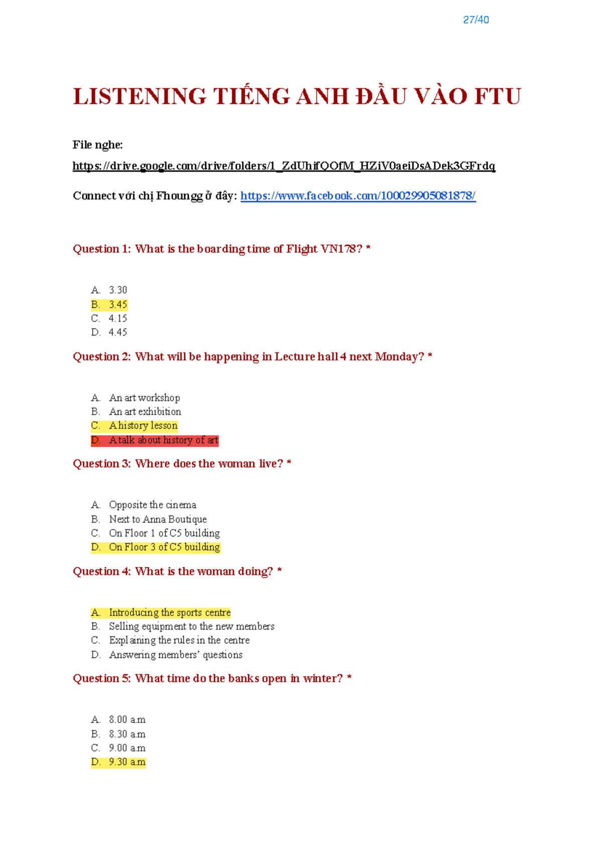 Listening - TADV Mock Test Answers and Resources - Fhounggg - Studocu