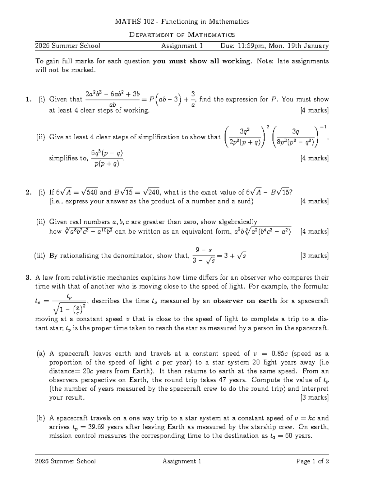 MATHS 102 Summer 2026 Assignment 1: Functioning in Mathematics - Studocu