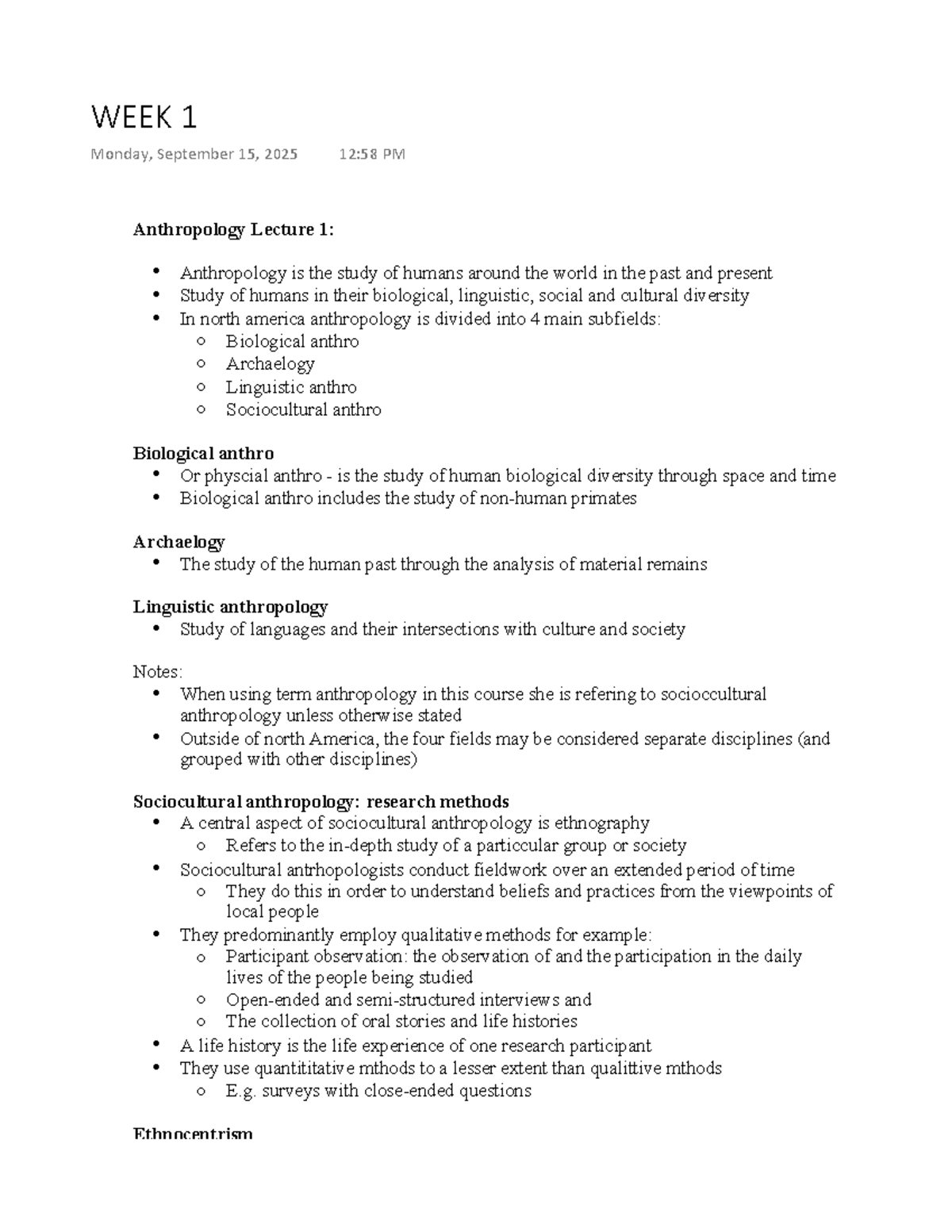 ANTH 101: Week 1 Lecture Notes on Anthropology and Tourism - Studocu