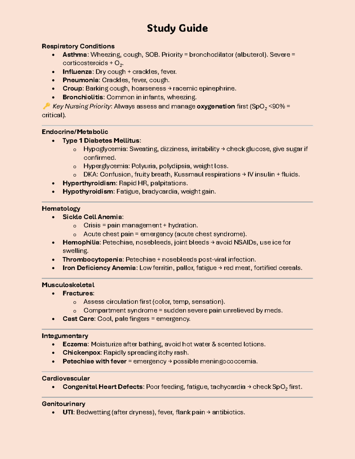 Nursing Study Guide: Respiratory, Endocrine & Hematology Conditions ...