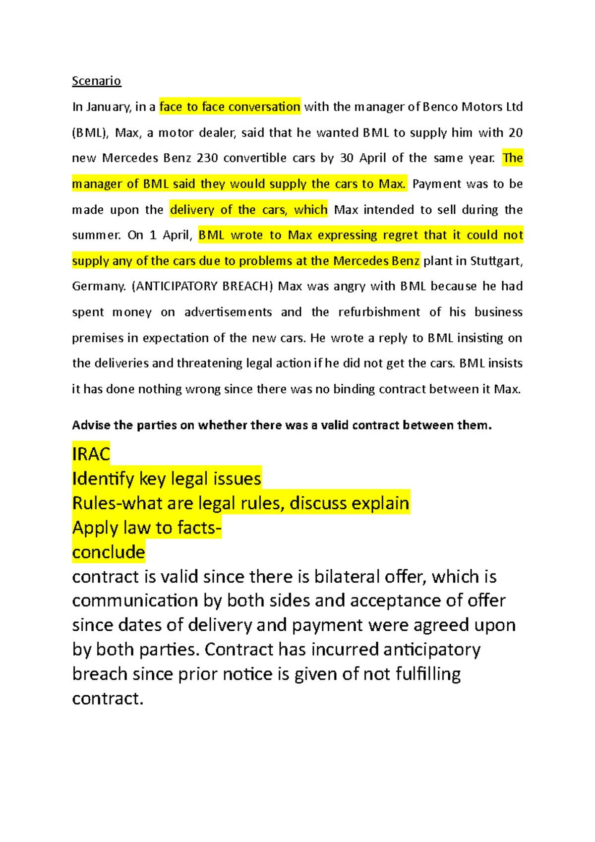 Advise on Validity of Contract (Law 101): Anticipatory Breach Analysis - Document Preview