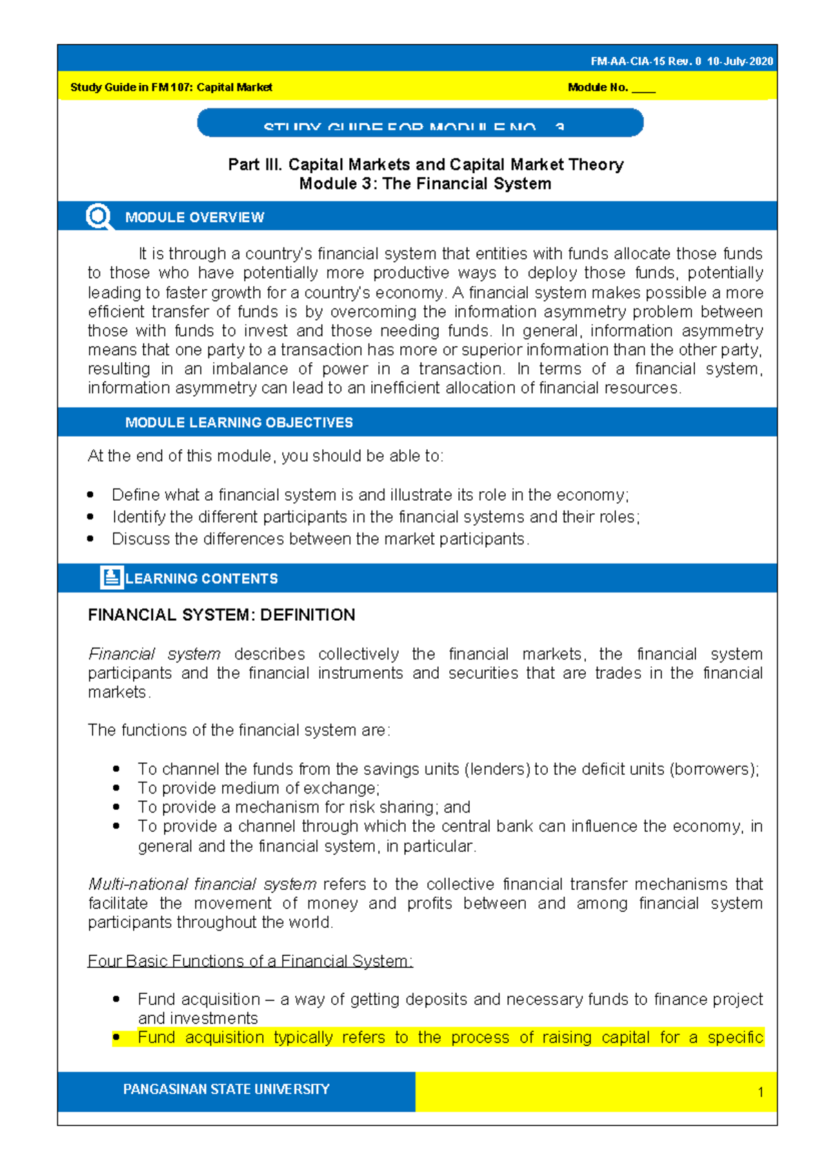 Study Guide for FM 107: Capital Market Module 3 Overview and Concepts ...