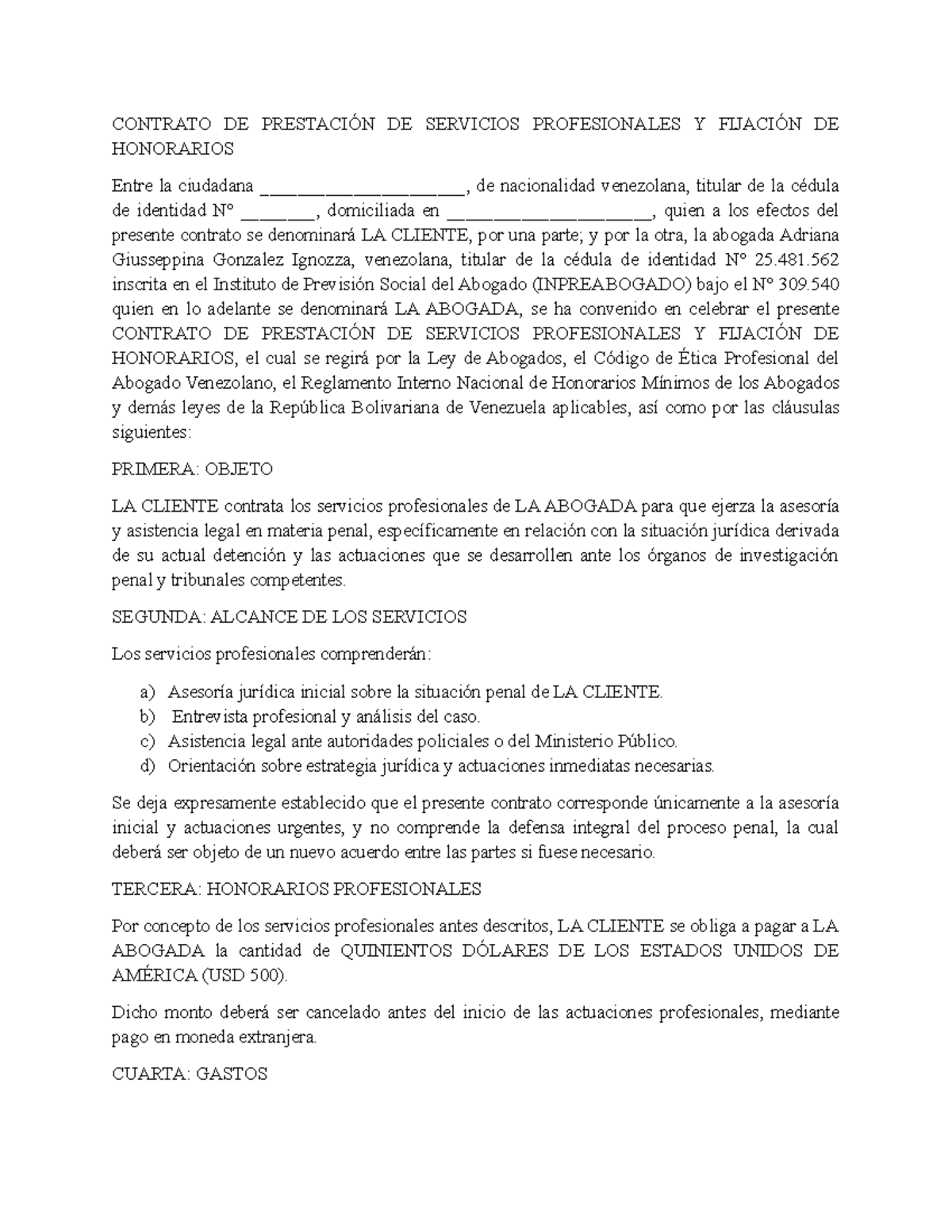 Contrato de Prestación de Servicios Profesionales y Honorarios - Studocu