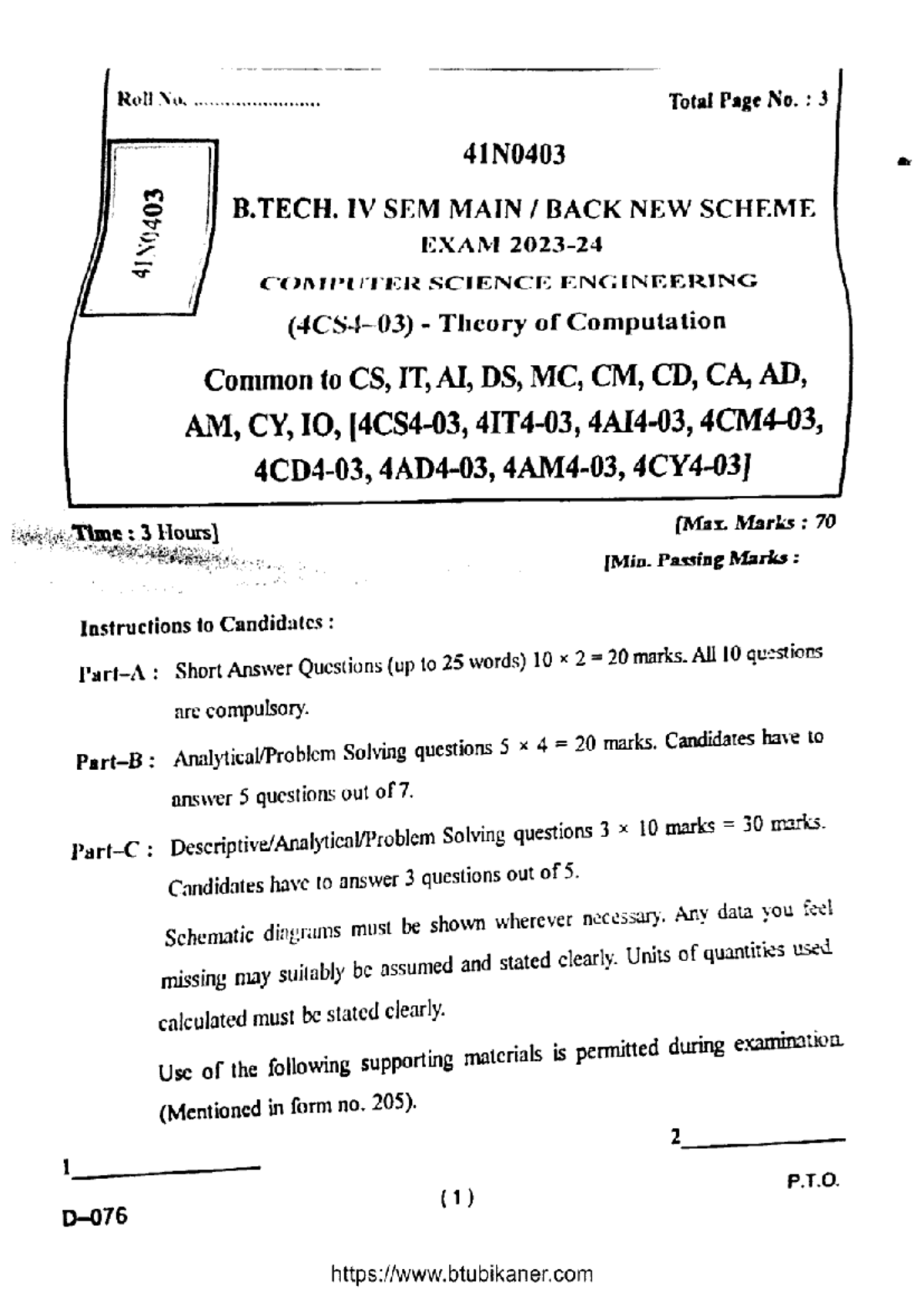 B.Tech IV Sem 41N0403 Theory of Computation Exam Guide 2024 - Studocu