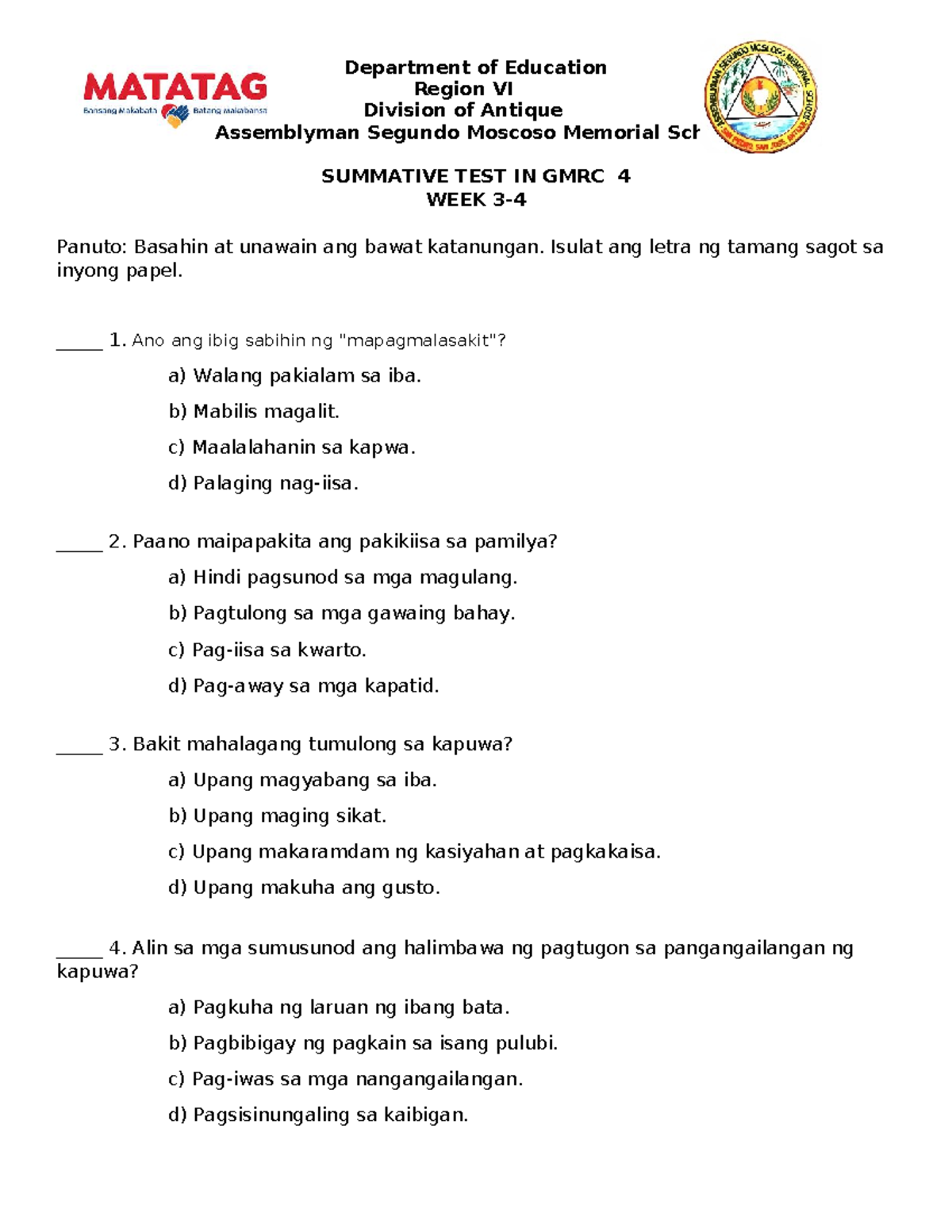 GMRC 4 Summative Test Week 3-4 (2nd Quarter) - Studocu