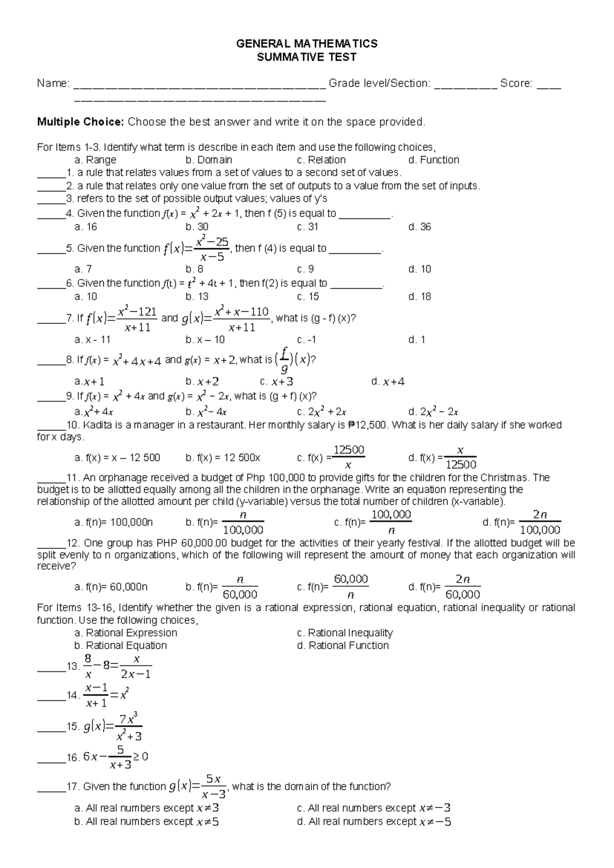 General Mathematics Summative Test for 1st Quarter - Studocu