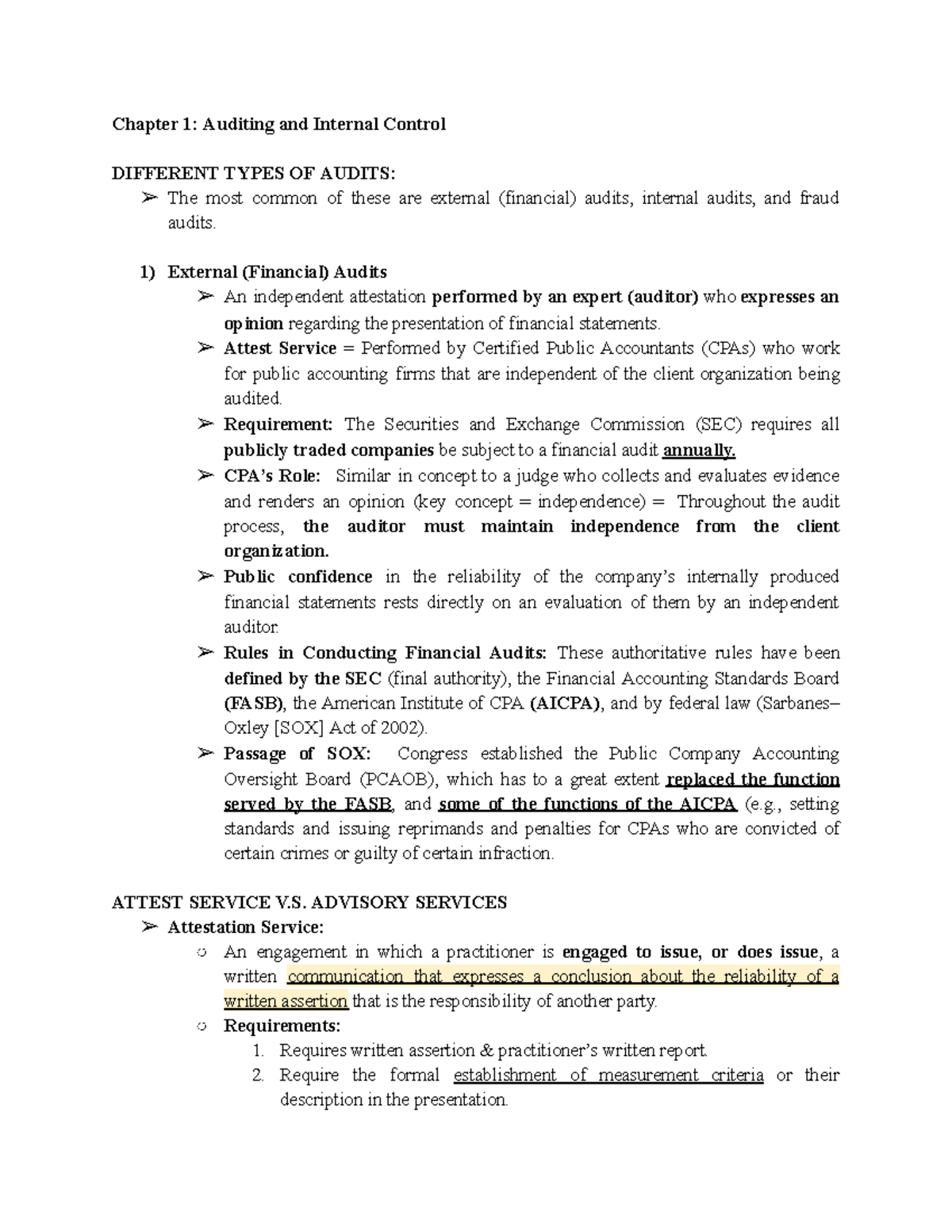CH1 Lecture Notes: Auditing, Internal Control & Types of Audits - Studocu