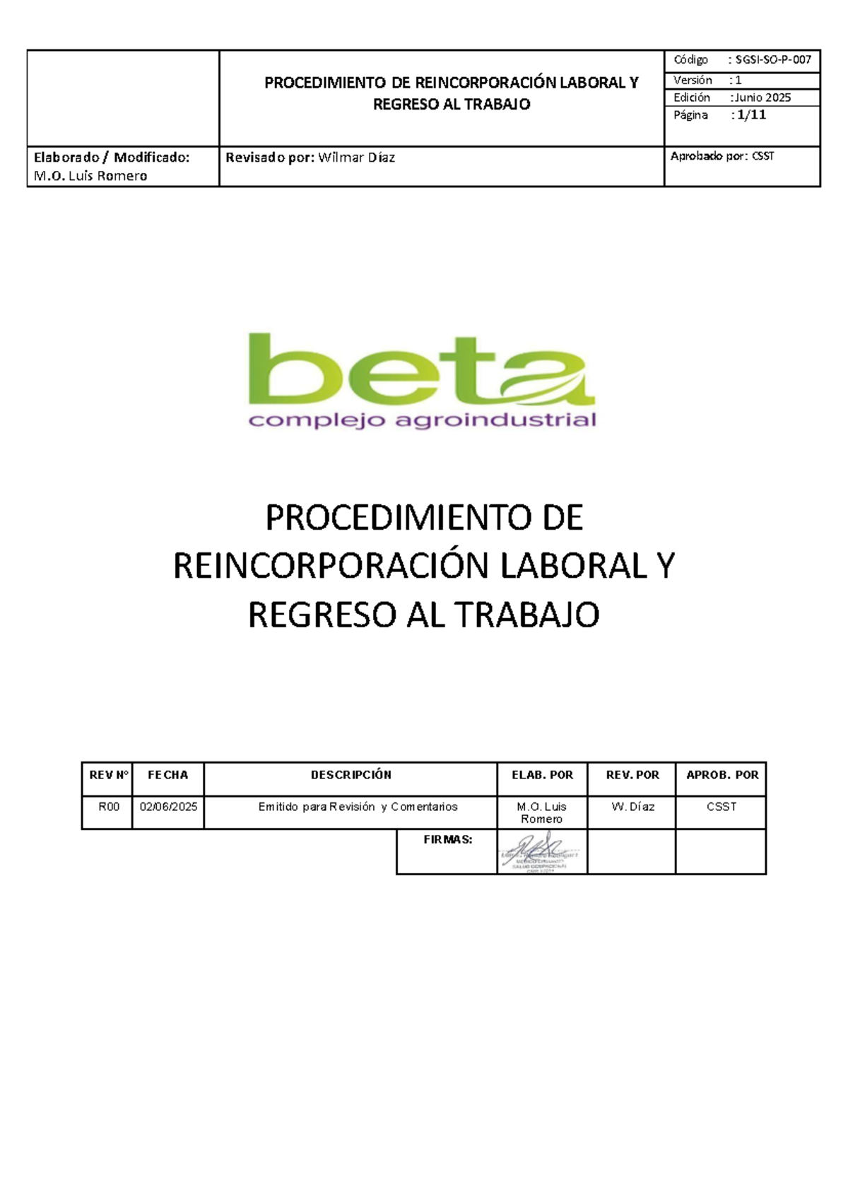 Procedimiento de Reincorporación Laboral y Regreso al Trabajo - Beta S ...