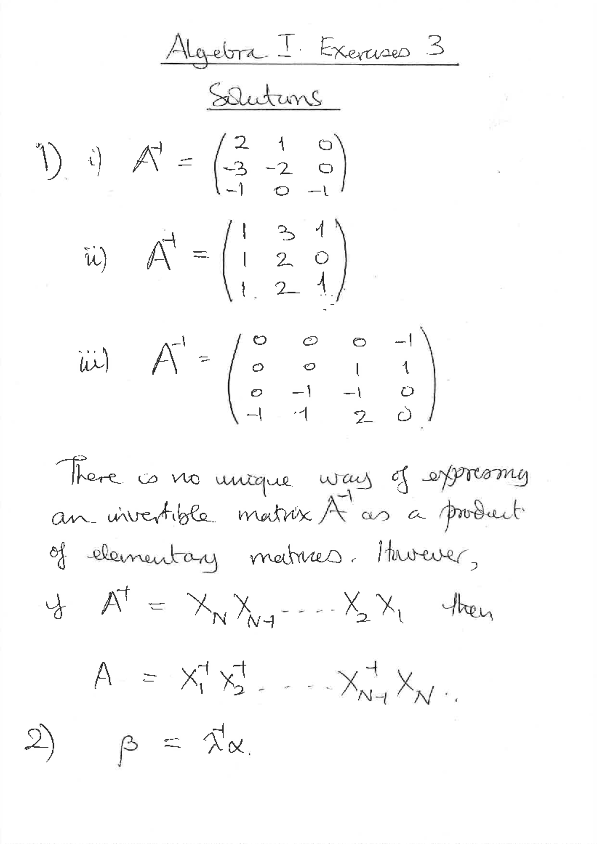 Algebra I: Ex3 Solutions for Matrix Properties and Calculations - Studocu