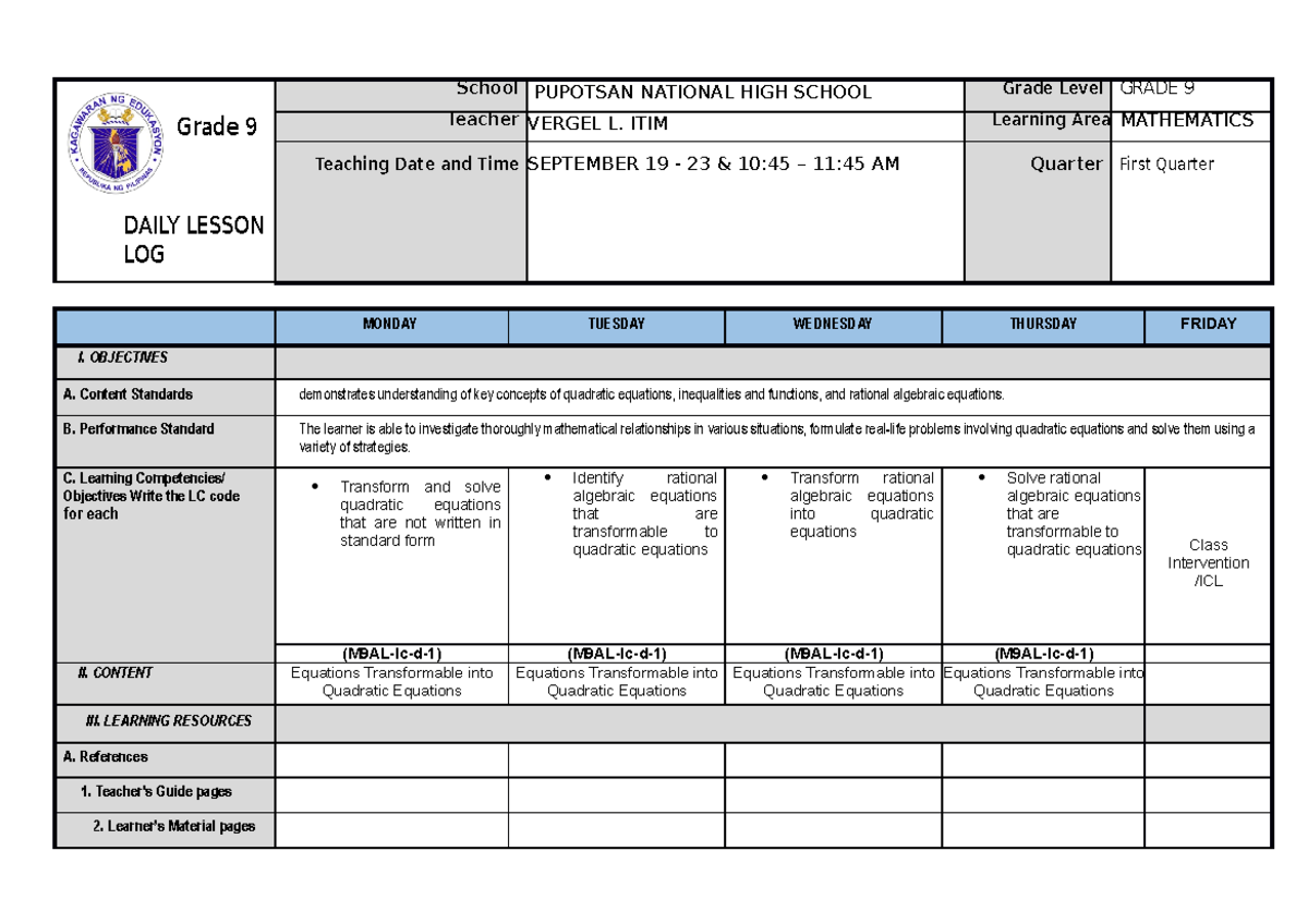 MATH 9 Lesson Plan - Week 6: Quadratic Equations & Rational Algebra ...