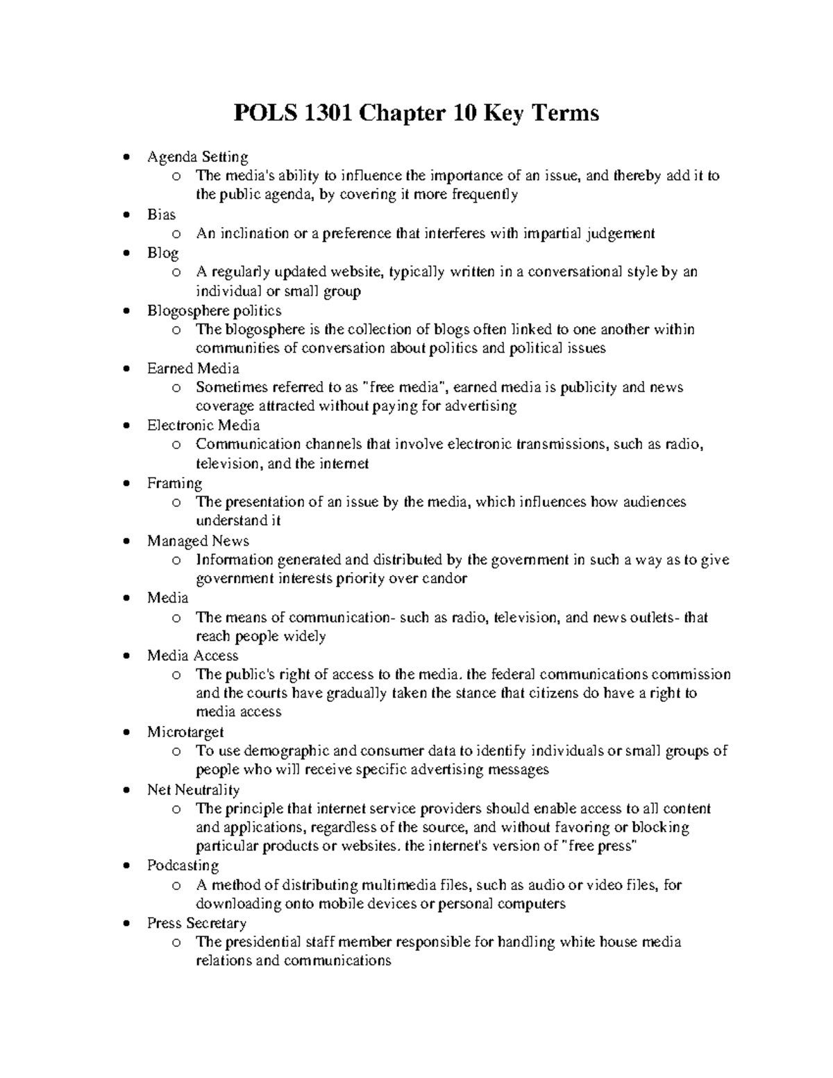 POLS 1301 Chapter 10 Key Terms - POLS 1301 Chapter 10 Key Terms Agenda ...