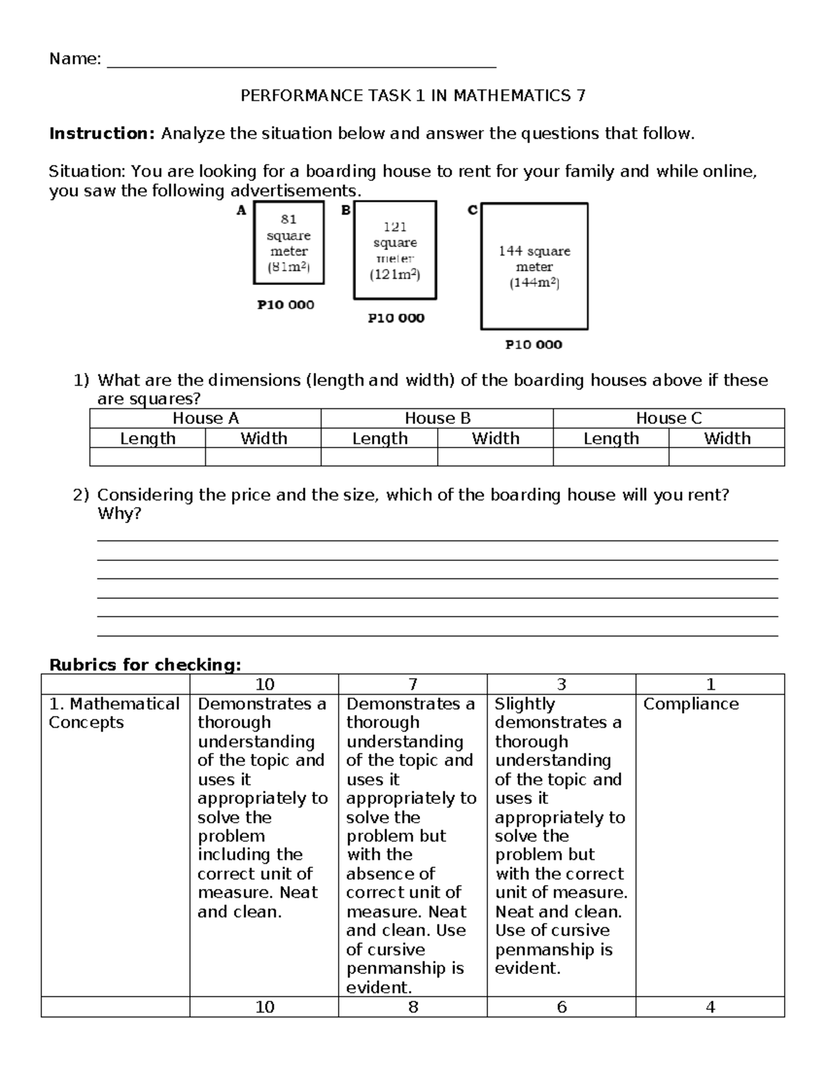 Mathematics 7 Performance Task 1: House Rental Analysis - Studocu