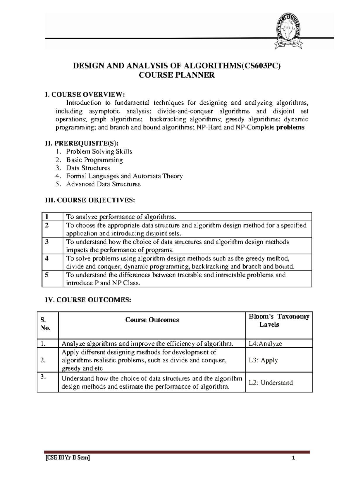 DESIGN AND ANALYSIS OF ALGORITHMS (CS603PC) COURSE PLANNER - Studocu