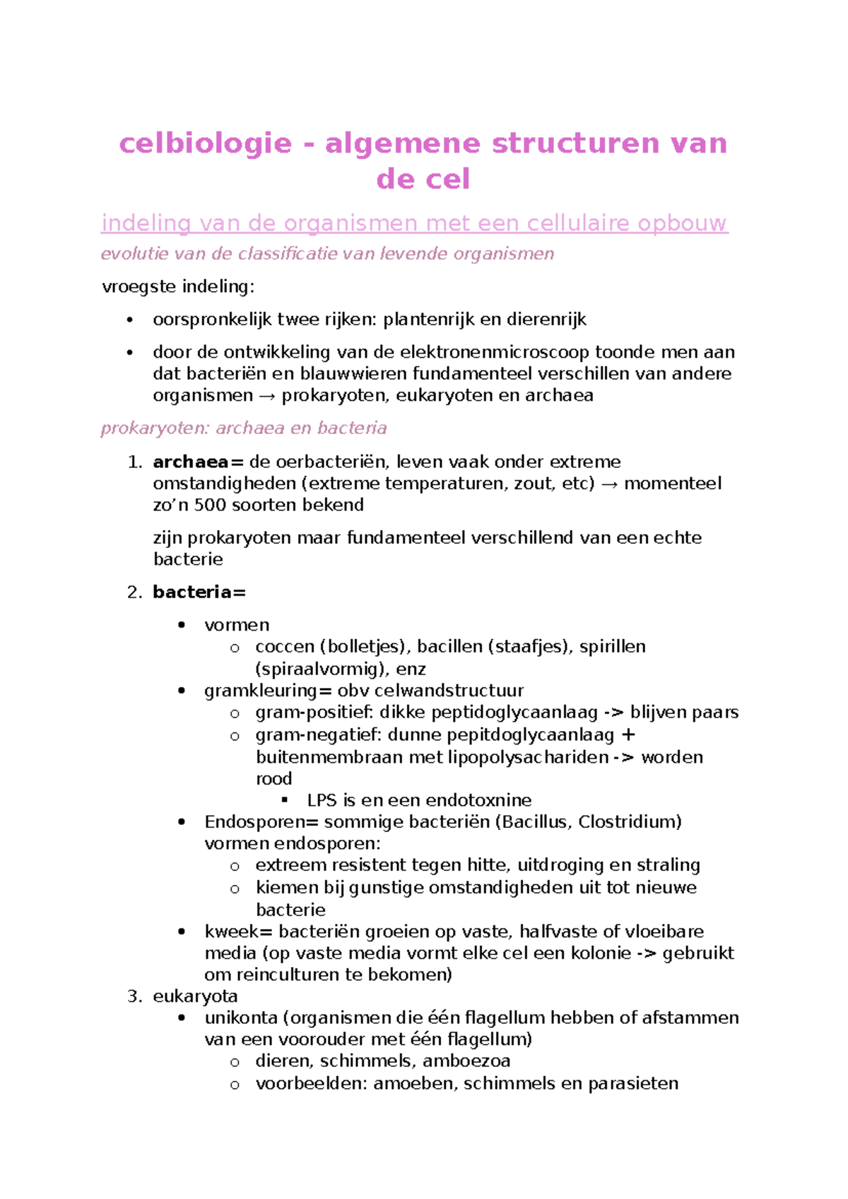 Celbiologie H1: Structuren en Indeling van Organismen - Studocu
