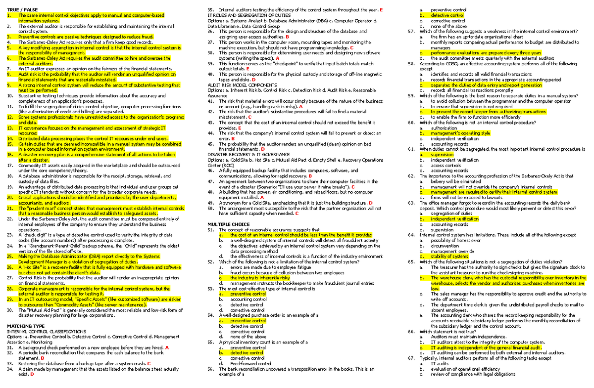 CIS Quiz: Internal Control Concepts and Audit Risks 2026-2027 - Studocu