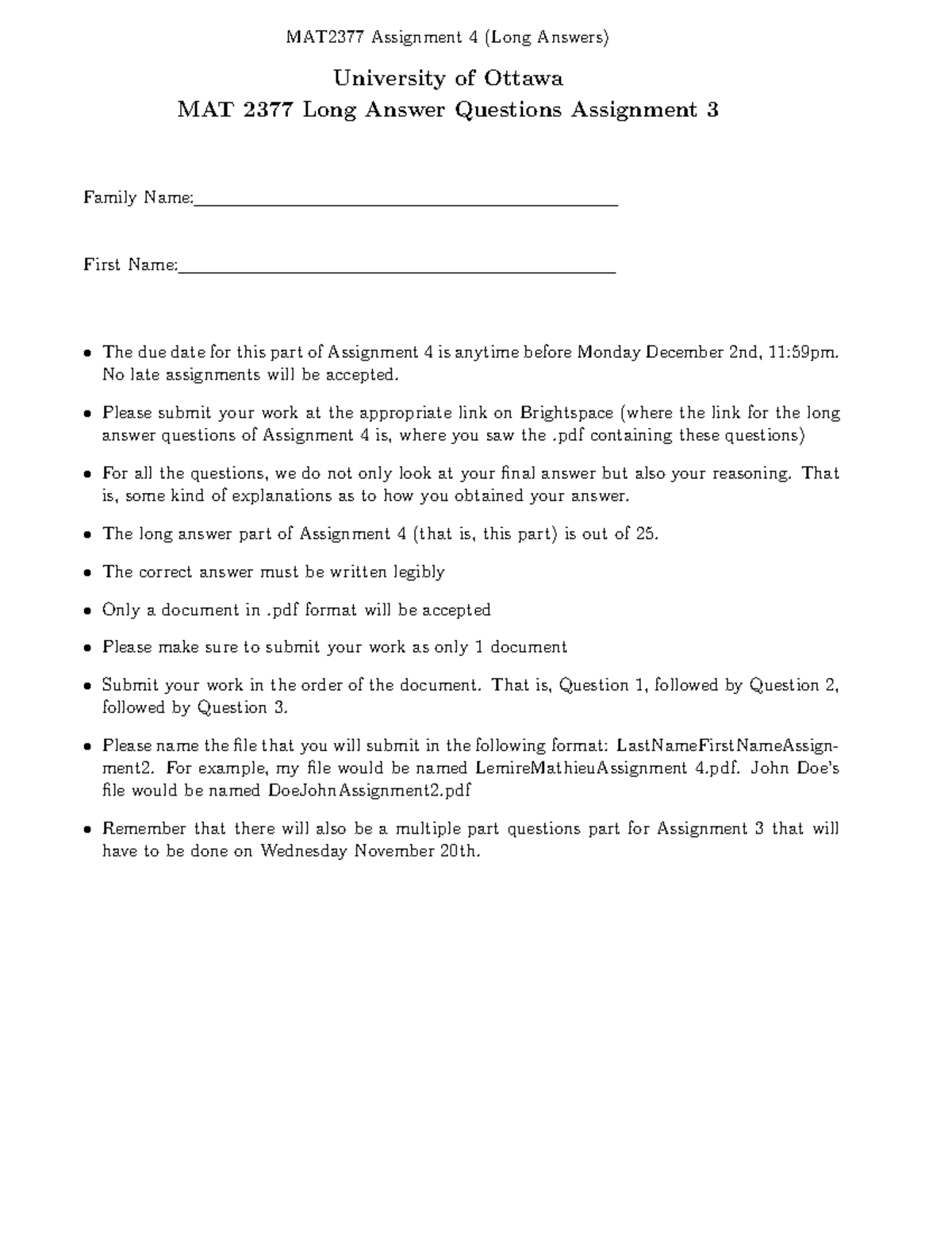 Assignment 4 - MAT2377 - MAT2377 Assignment 4 (Long Answers) University ...