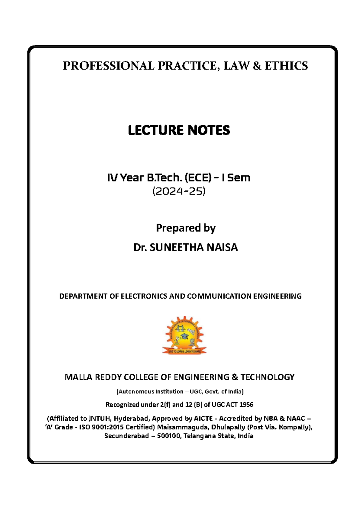 Professional Practice and Law Ethics Lecture Notes - B.Tech ECE IV Year ...
