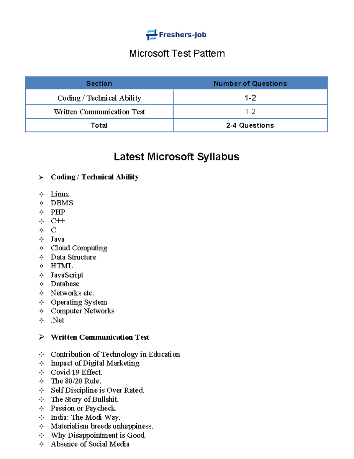 Microsoft Test Topics by freshers-job - Microsoft Test Pattern - Studocu