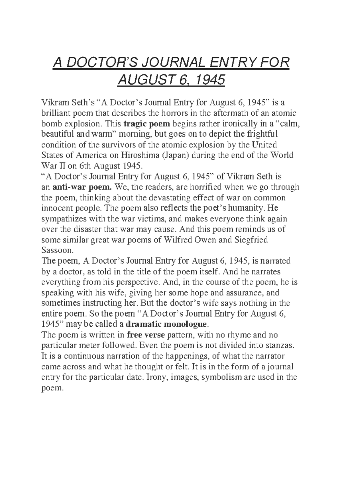 A doctor - A DOCTOR&rsquo;S JOURNAL ENTRY FOR AUGUST 6, 1945 Vikram 