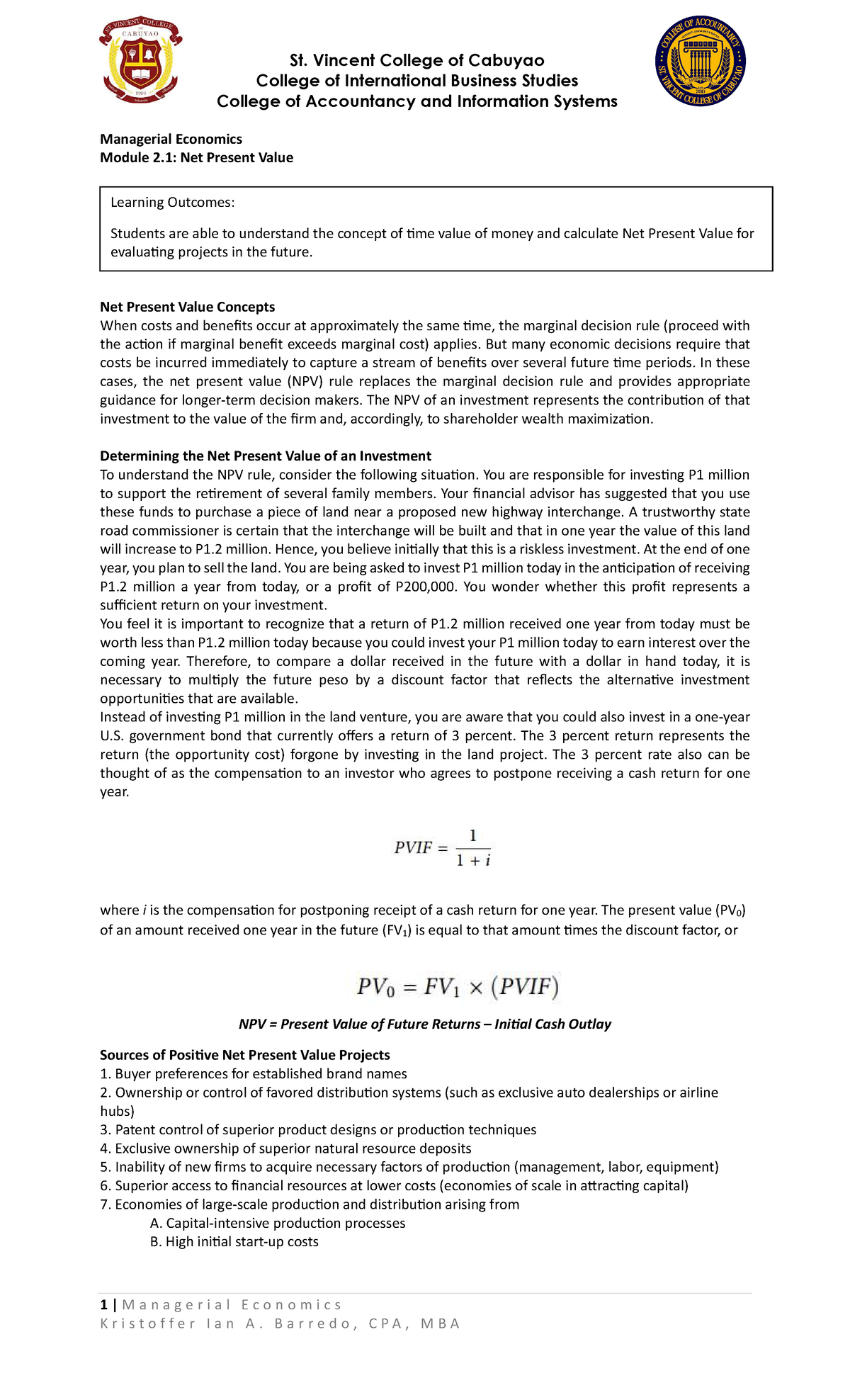 Managerial Economics Module 2 - St. Vincent College of Cabuyao College ...