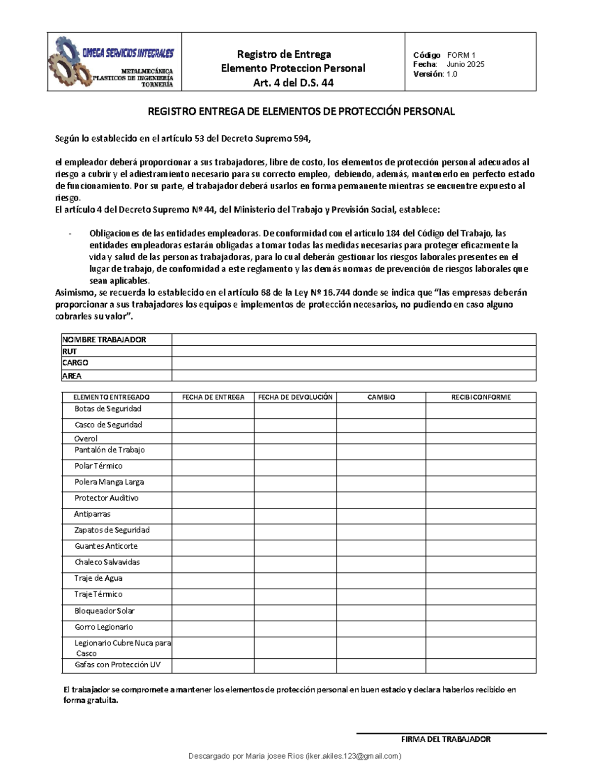Registro de Entrega de EPP - D.S. 44 Código FORM 1 - Junio 2025 - Studocu