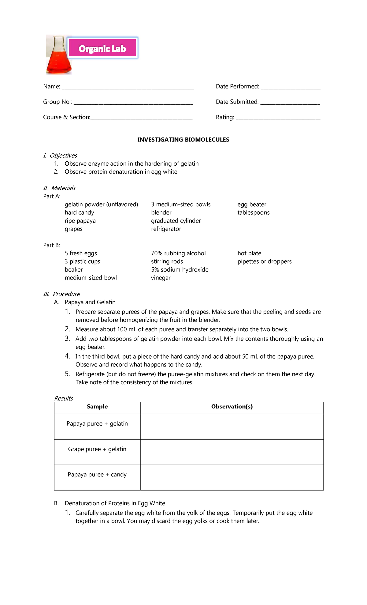 Lab Report: Investigating Biomolecules - Enzyme Action & Protein ...