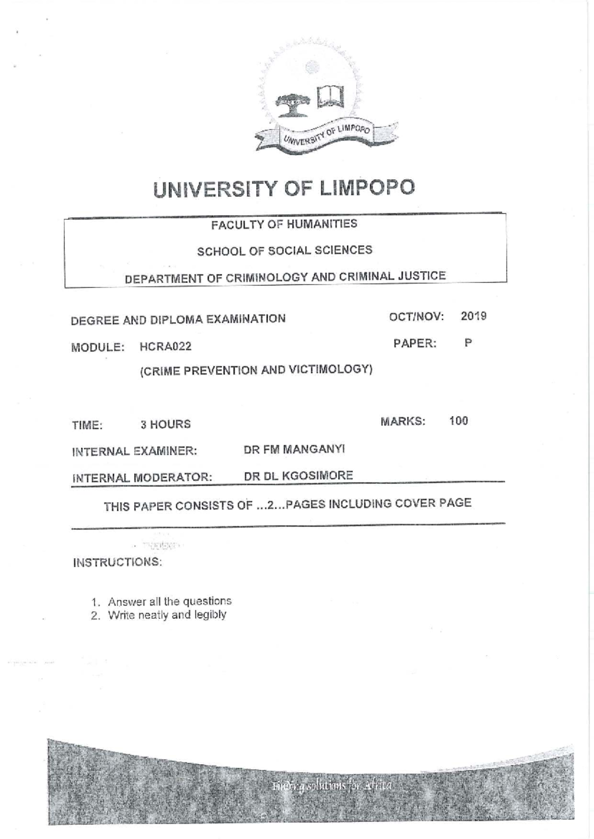 HCRA022 Crime Prevention & Victimology Exam Paper 2019 - Studocu