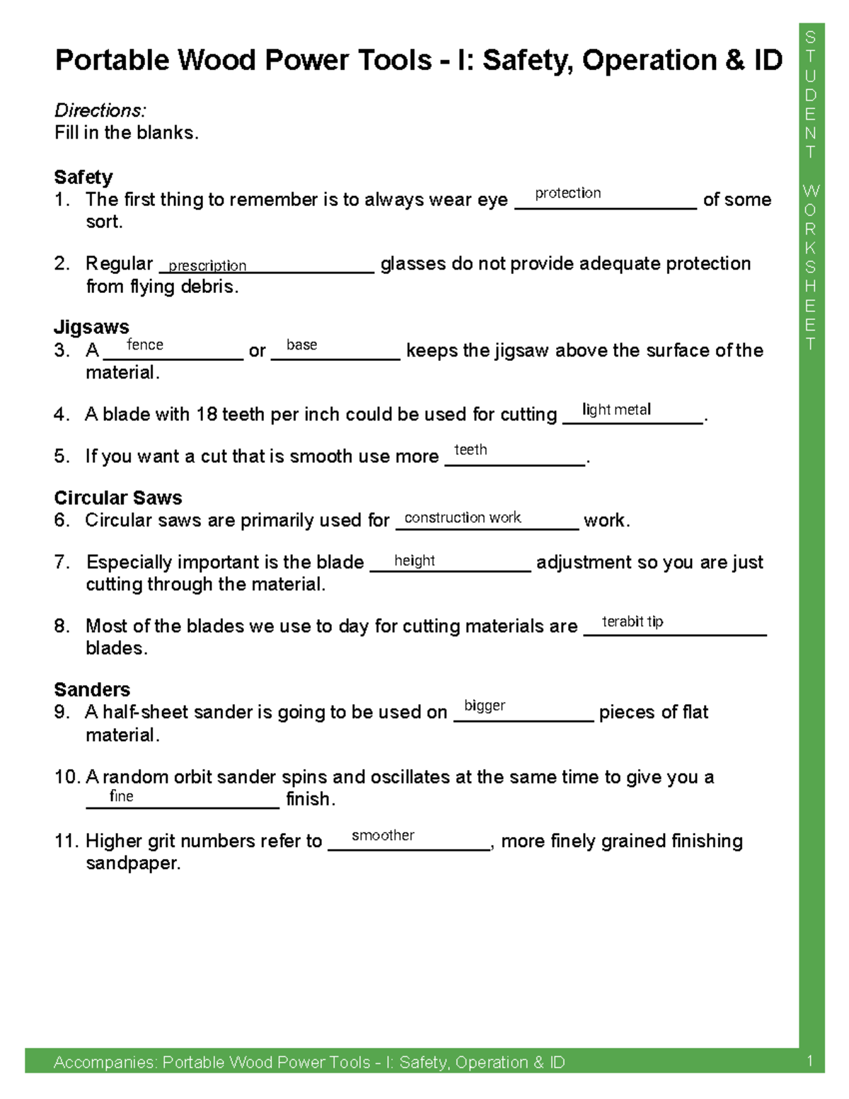 Portable Wood Power Tools I: Safety & Operation Worksheet - Studocu