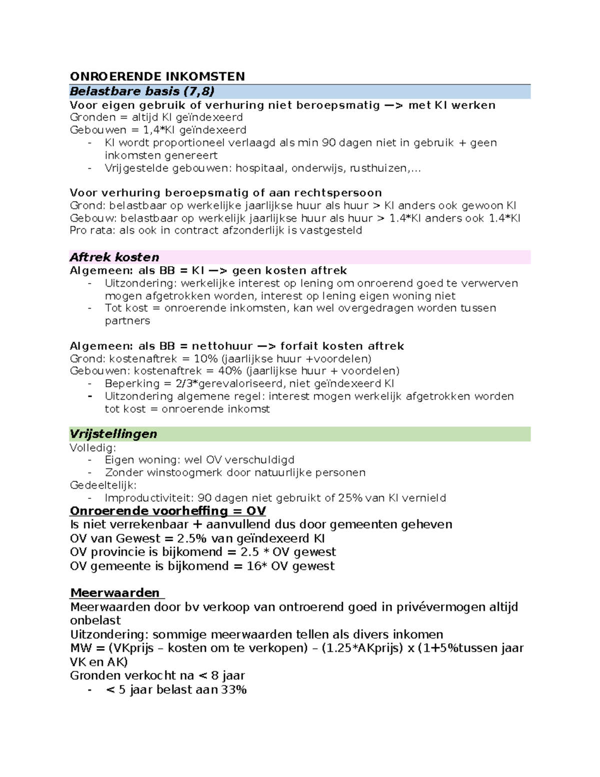 ONROERENDE INKOMSTEN: Belastbare Basis en Beroepsinkomsten (7,8) - Studocu