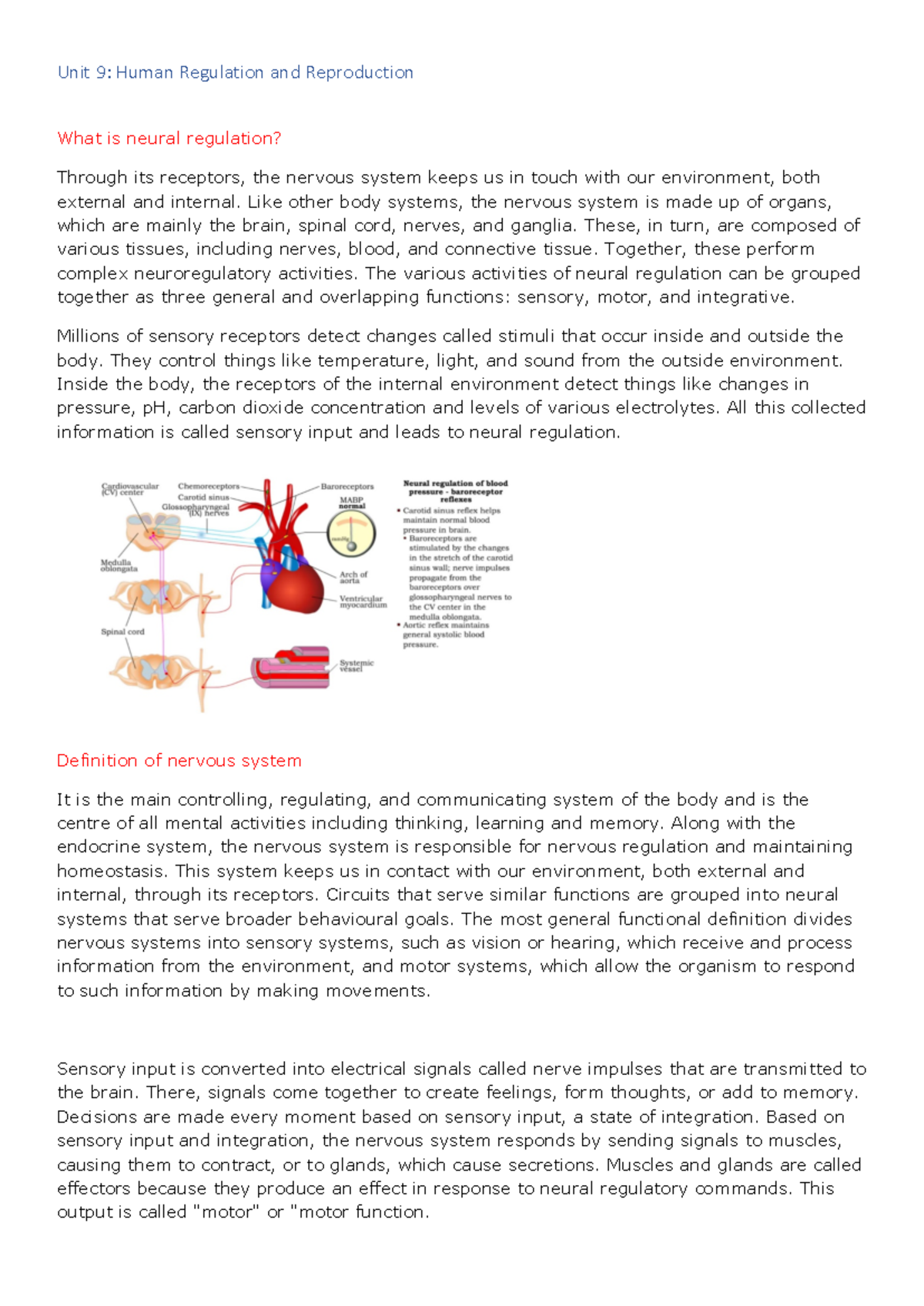 Unit 9 braine - Unit 9: Human Regulation and Reproduction What is ...