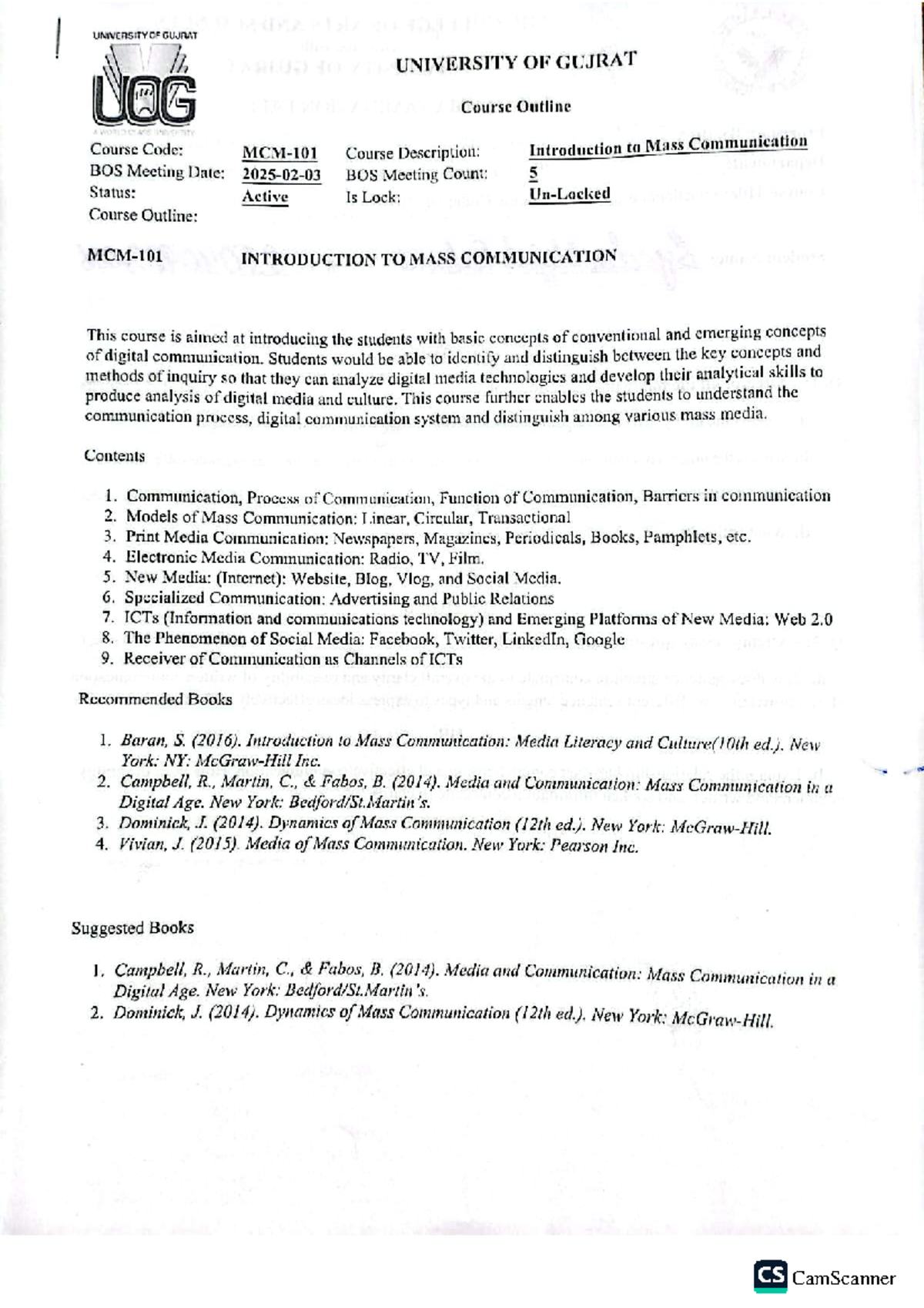 UOG CS Course Outline: Introduction to Mass Communication - Studocu