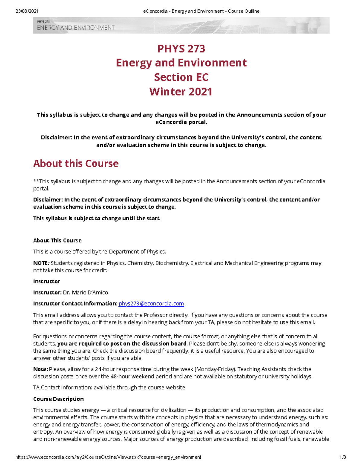 W2022 Course Outline - PHYS 273 - Concordia - Studocu