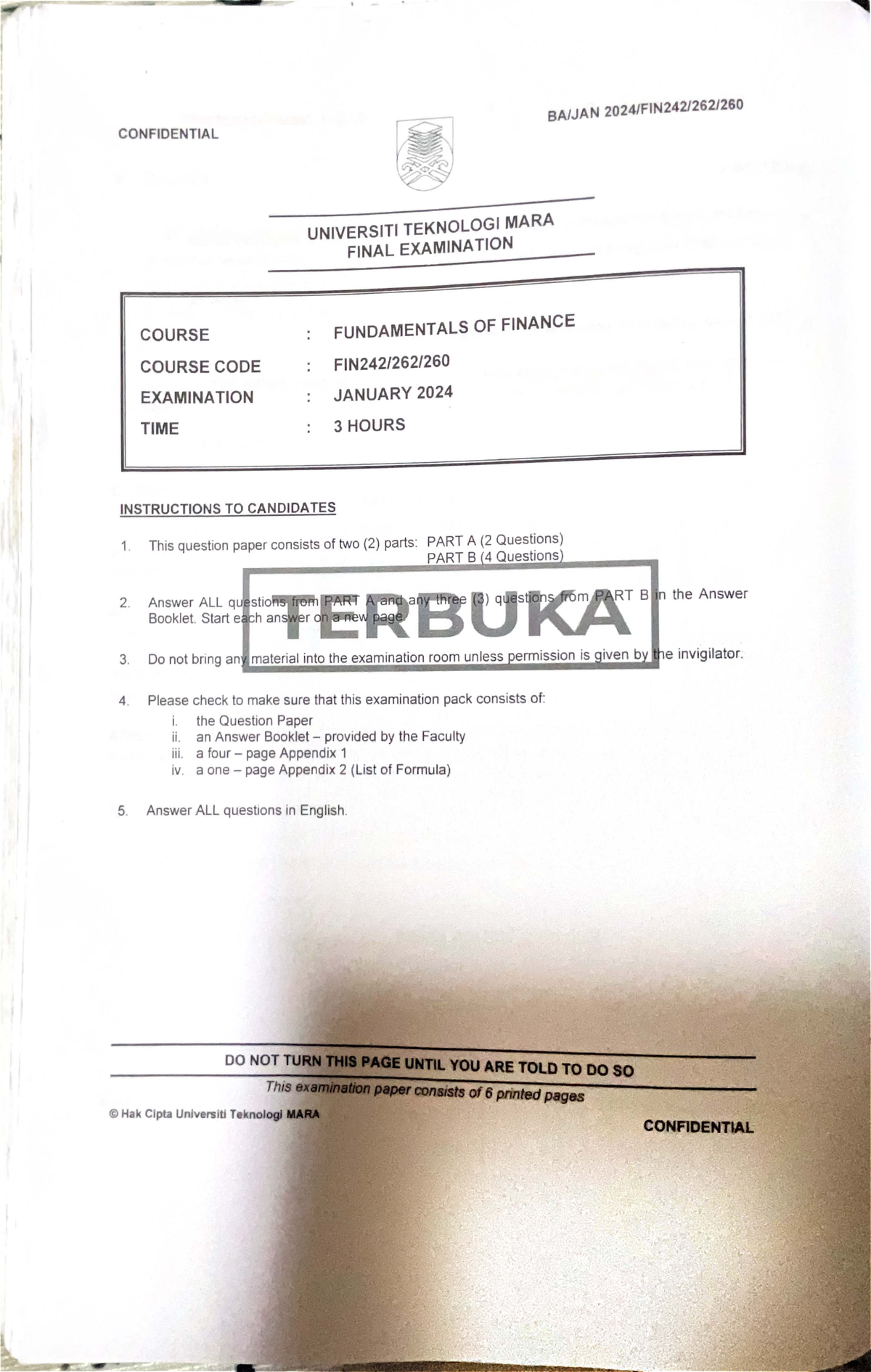 FIN242 PAST YEAR FINAL EXAMINATION PAPER - FUNDAMENTALS OF FINANCE ...