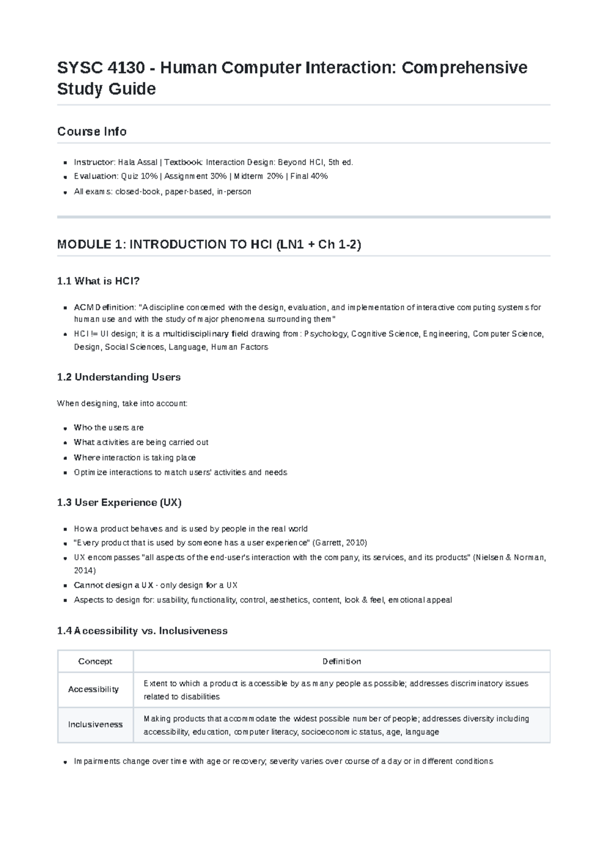 SYSC 4130 Human-Computer Interaction: Comprehensive Study Guide - Studocu