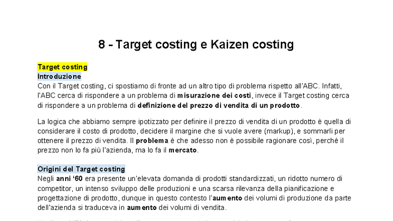 8 - Target Costing e Kaizen Costing: Introduzione e Differenze - Studocu