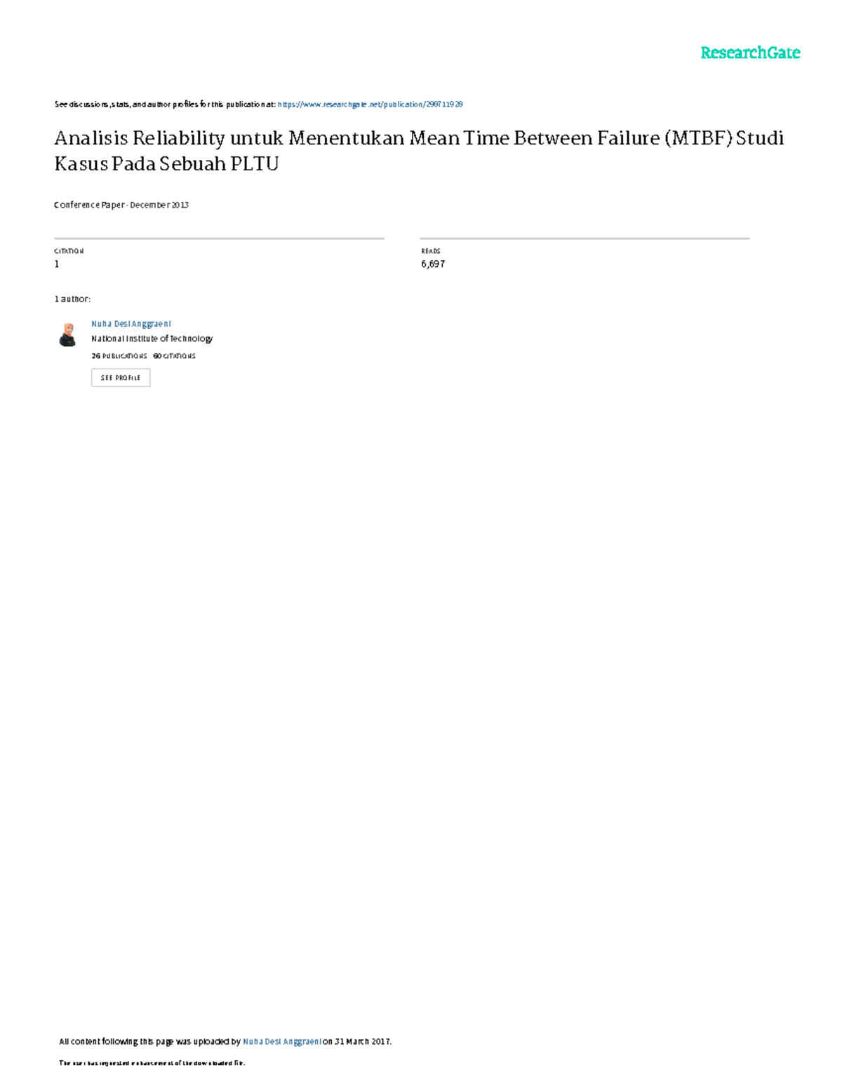 Analisis Reliability dan Mean Time Between Failure (MTBF) pada PLTU ...