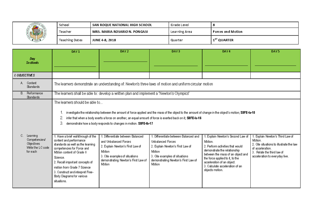 Grade 8 Science: Forces and Motion Lesson Plan (1st Quarter) - Studocu