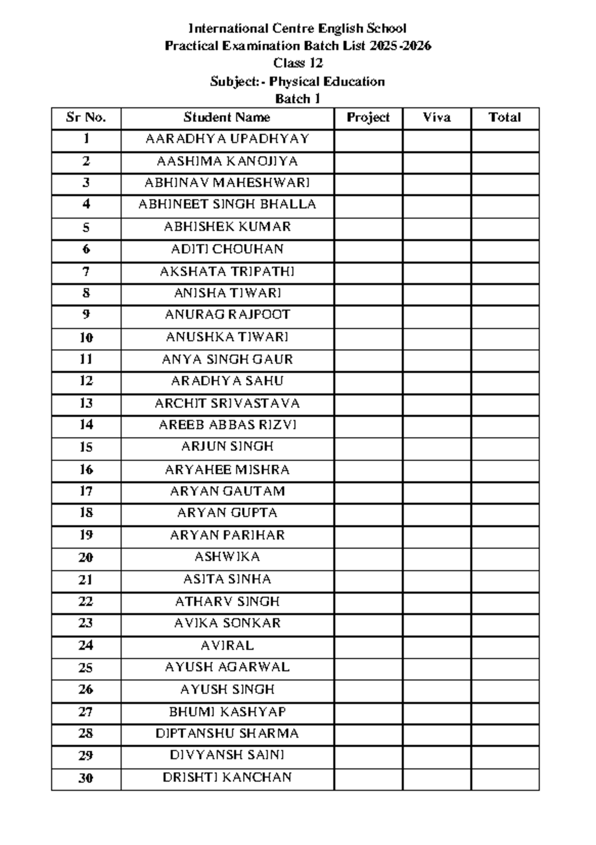 Class 12 Physical Education Practical Exam Batch List (PE-1) - Studocu