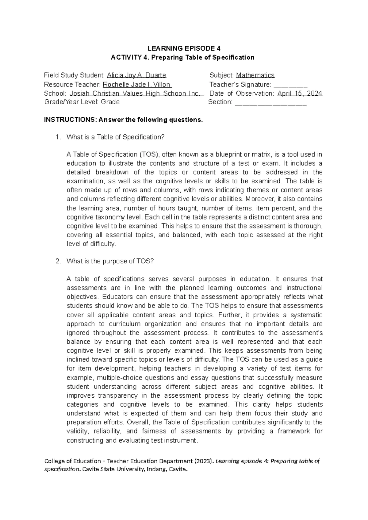 EDFS 22 LEp 4 - Preparing a Table of Specification Guide - Studocu