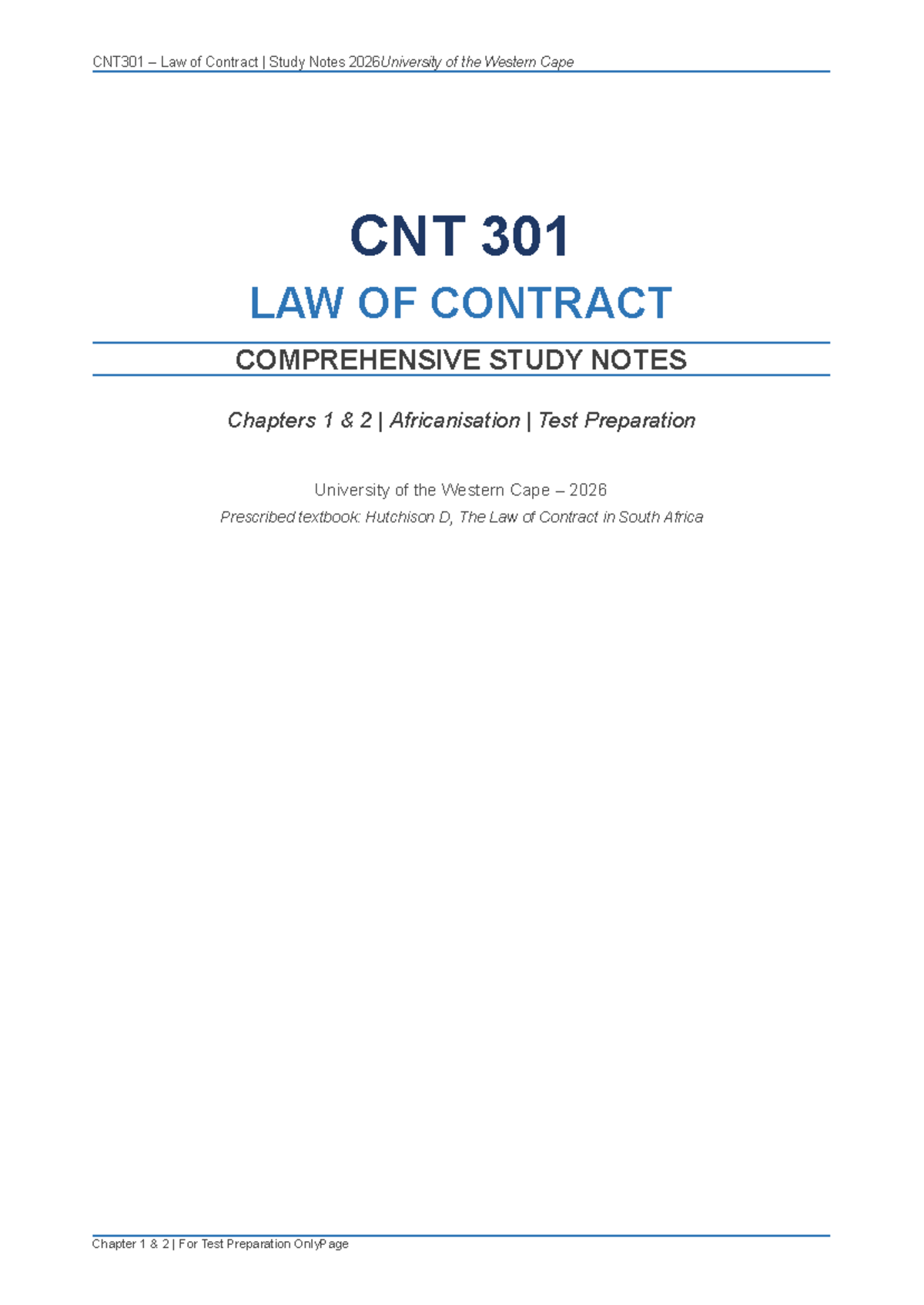 CNT301 Law of Contract Study Notes: Chapters 1 & 2 Overview 2026 - Studocu