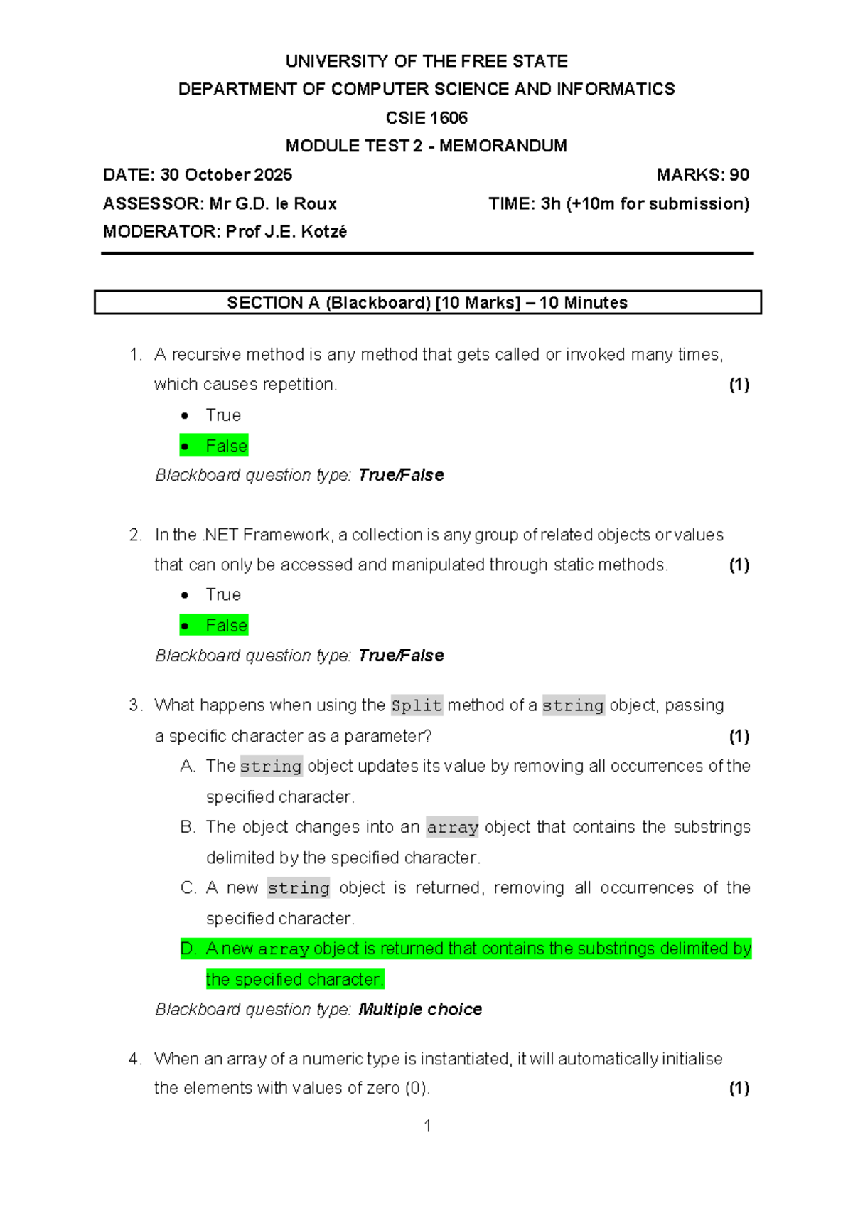 2025 CSIE 1606 Module Test 2 - Memorandum and Solutions - Studocu