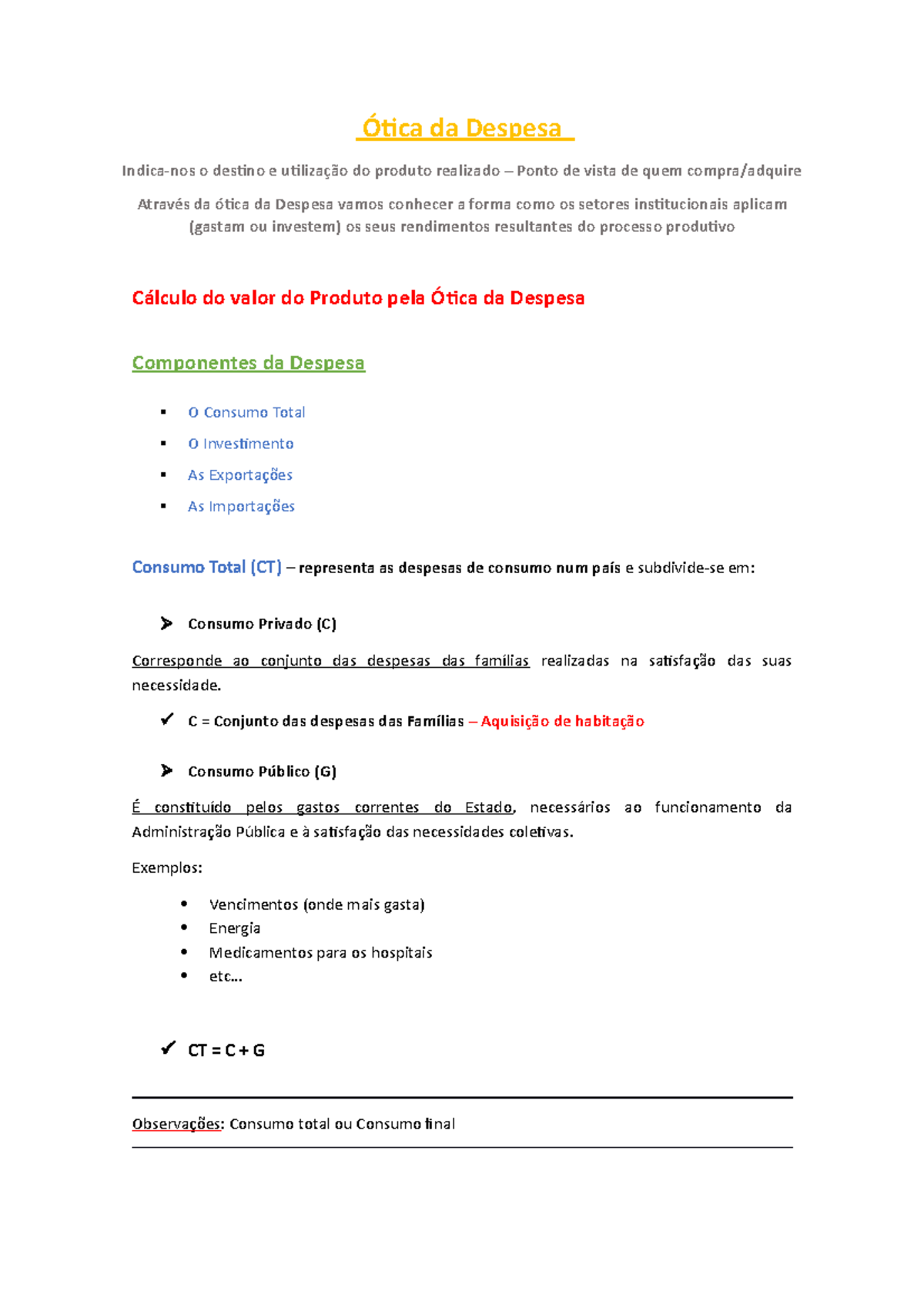 Ótica da Despesa: Resumo dos Componentes e Cálculos Económicos - Studocu