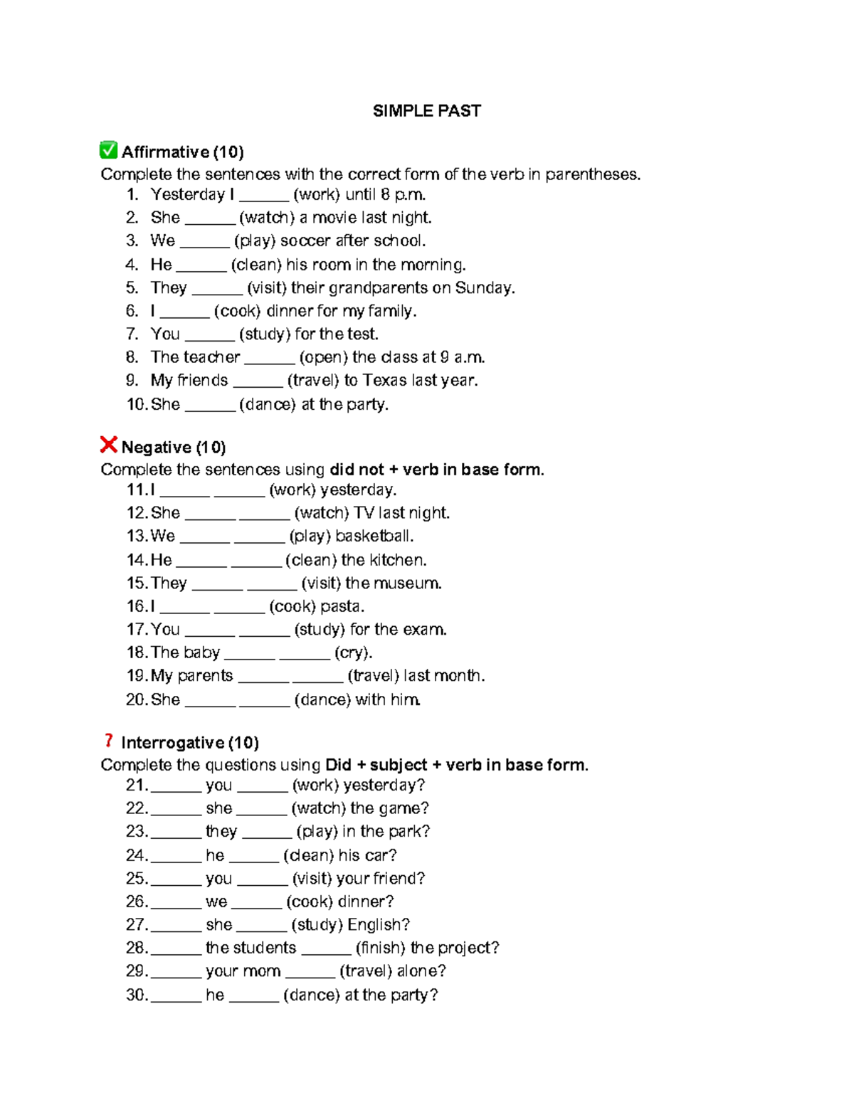 Simple Past Exercises (Affirmative, Negative, Interrogative) - Studocu