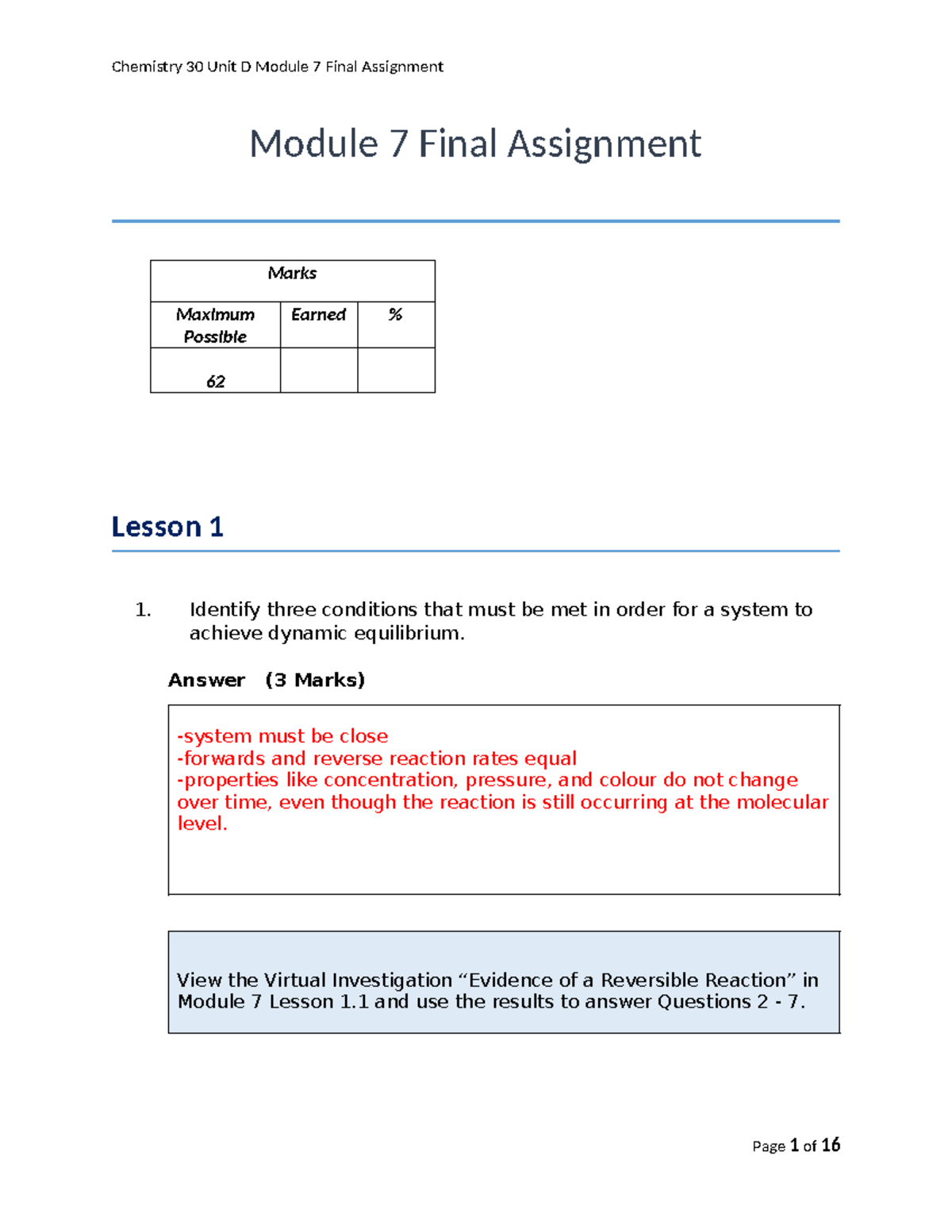 Chemistry 30 Unit D Module 7 Final Assignment Overview and Insights ...