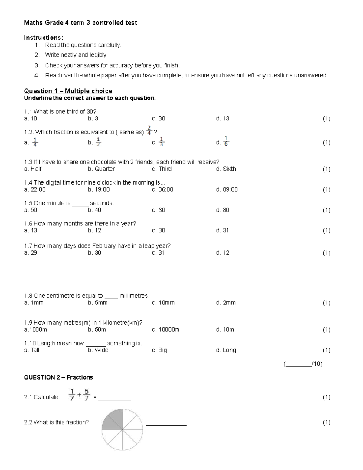 Maths Grade 4 Term 3 Controlled Test Questions and Instructions - Studocu