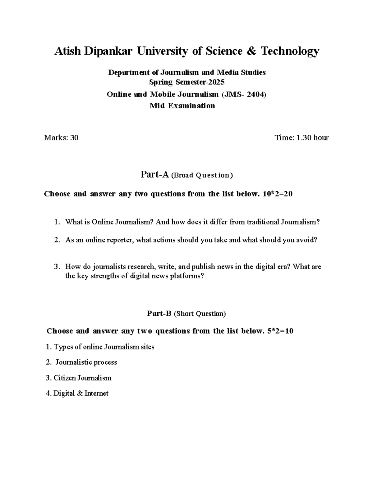 Online and Mobile Journalism (JMS 2404) Mid Exam Questions and Marks ...
