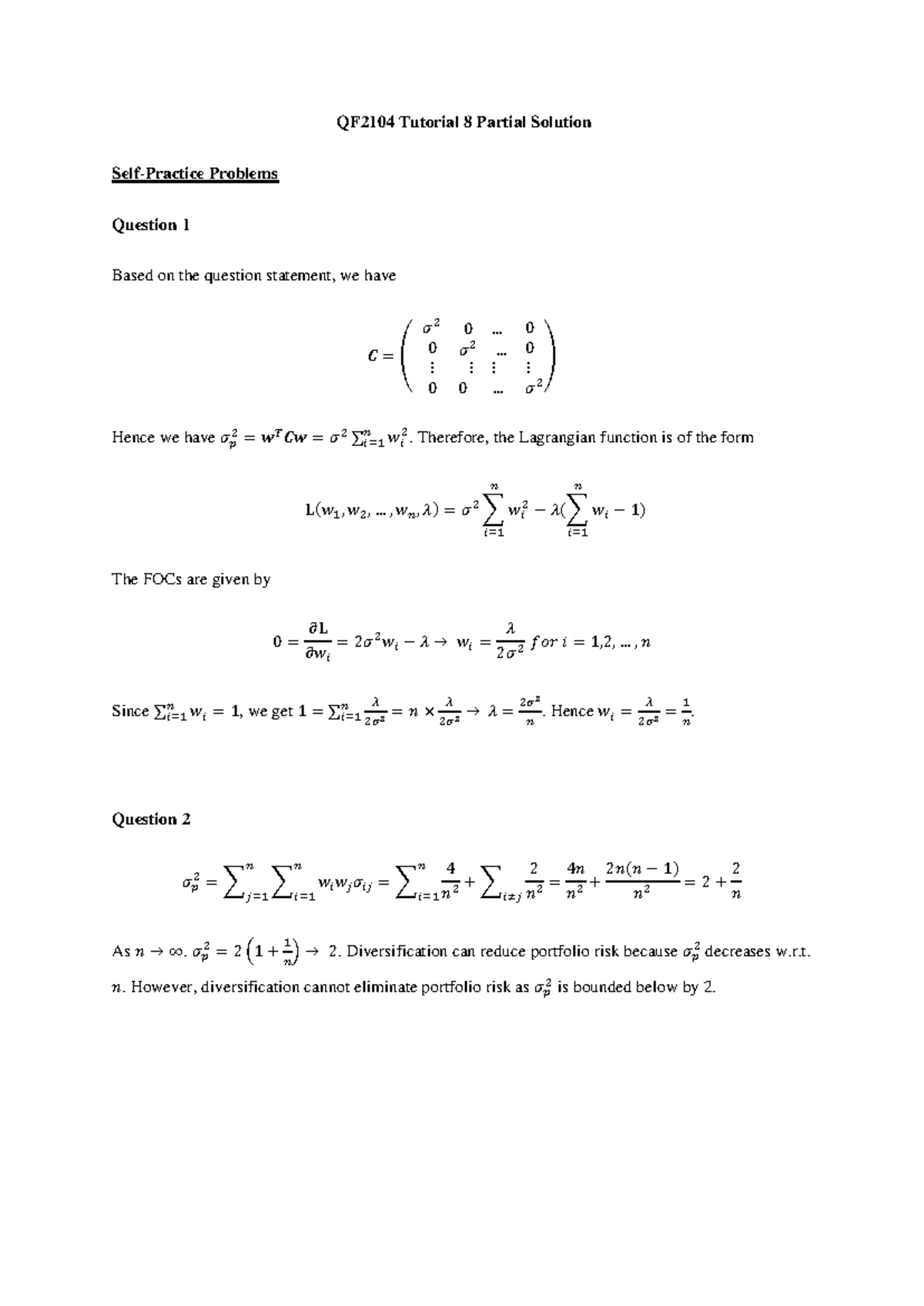 QF2104 Tutorial 8 Partial Solution Walkthrough - Studocu